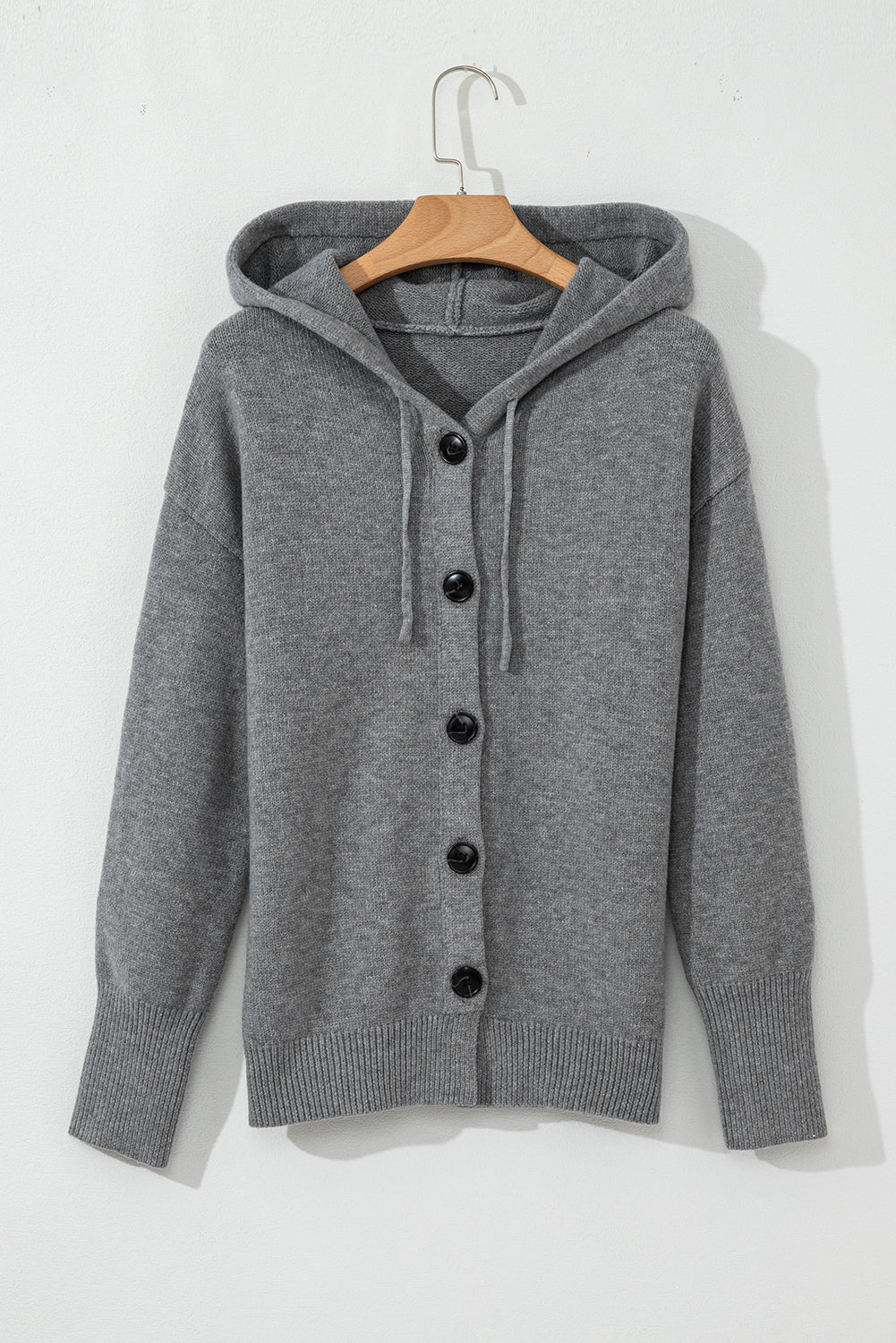Medium Grey Hooded Button Up Drop Shoulder Sweater Cardigan - MAD RUFFI