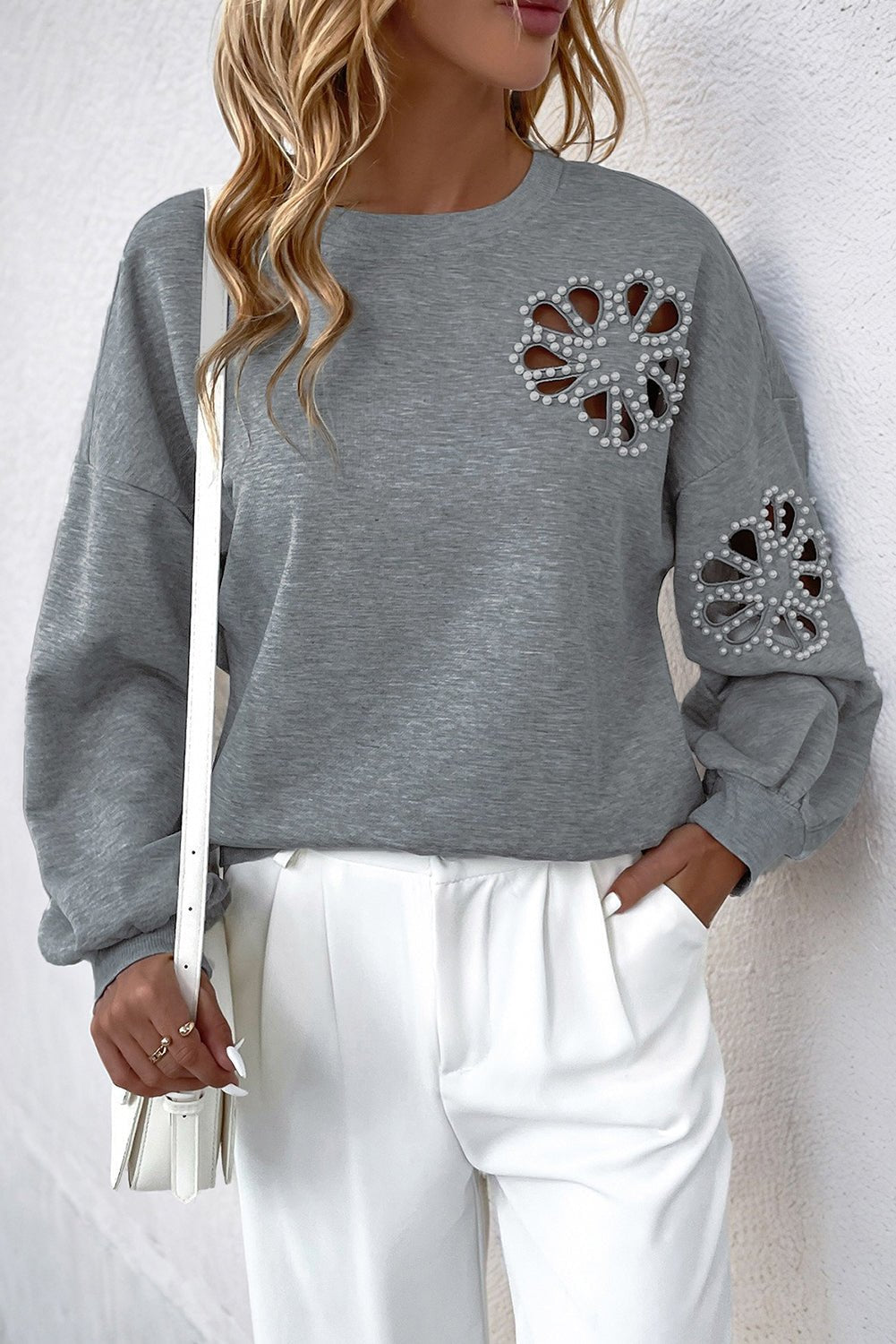 Medium Grey Pearl Decoration Hollowed Out Flower Sweatshirt - MAD RUFFI