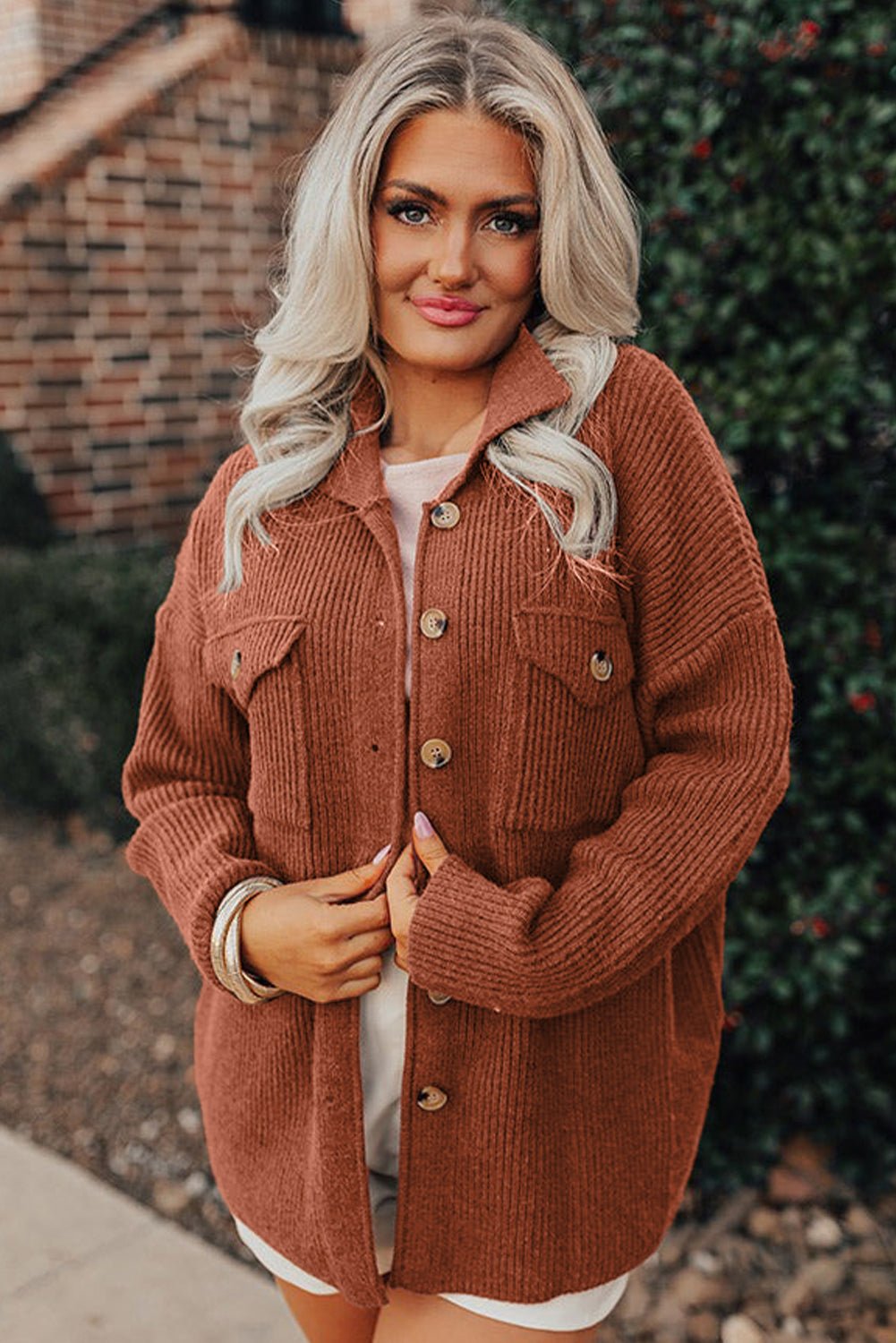 Medium Grey Ribbed Knit Buttons Front Flap Pocket Casual Shacket - MAD RUFFI