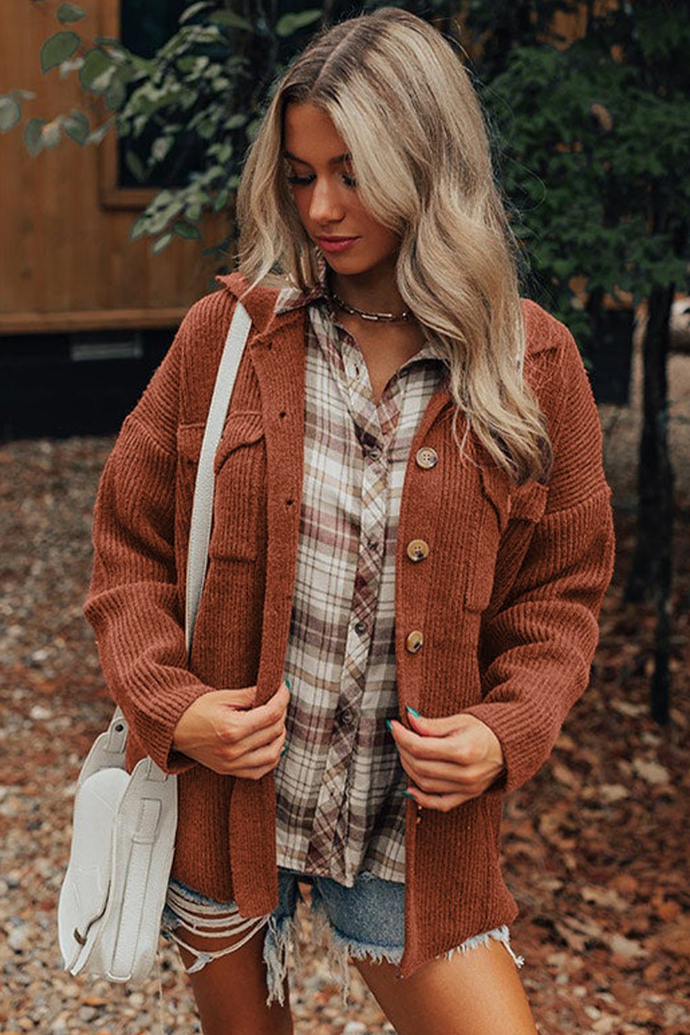 Medium Grey Ribbed Knit Buttons Front Flap Pocket Casual Shacket - MAD RUFFI