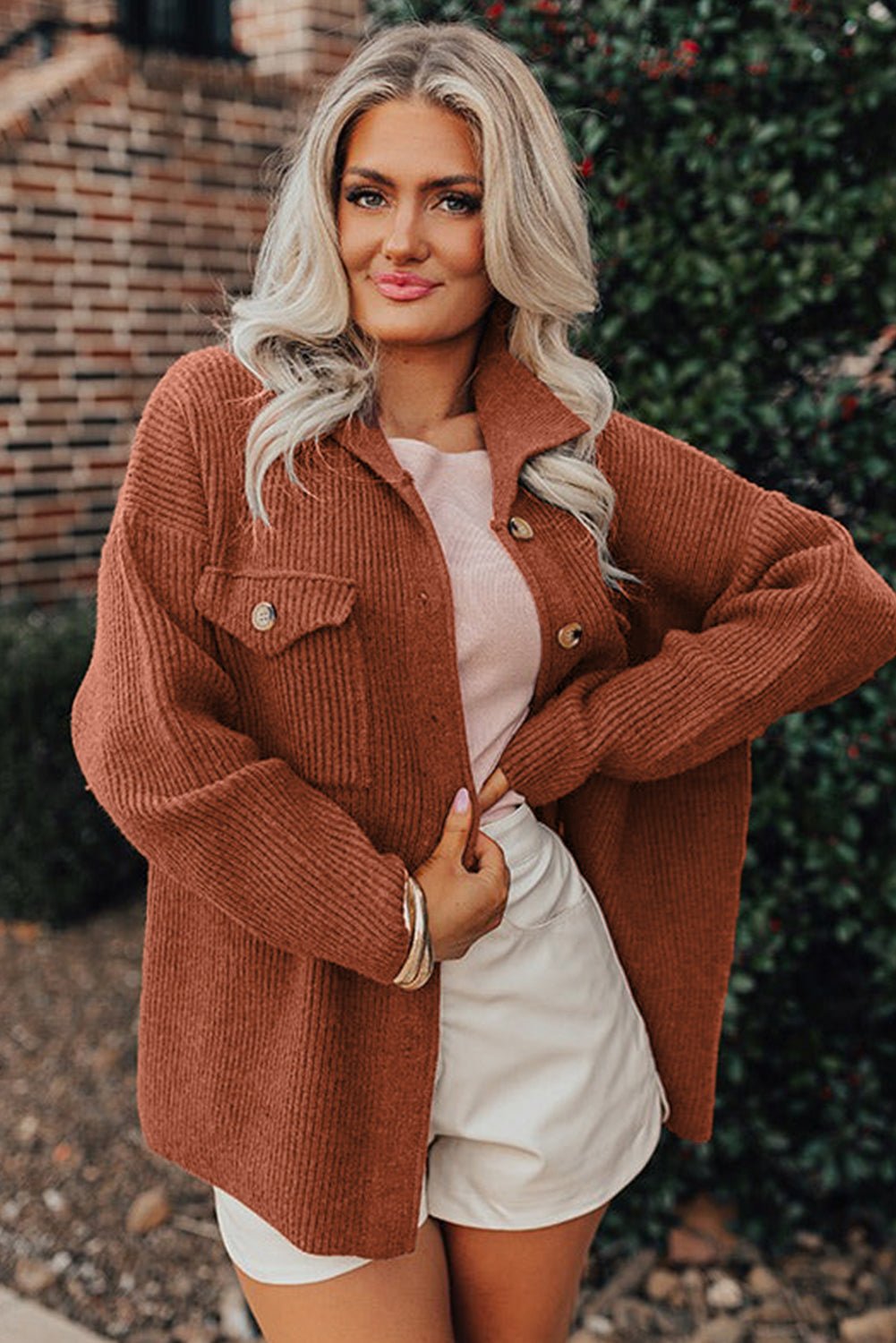 Medium Grey Ribbed Knit Buttons Front Flap Pocket Casual Shacket - MAD RUFFI