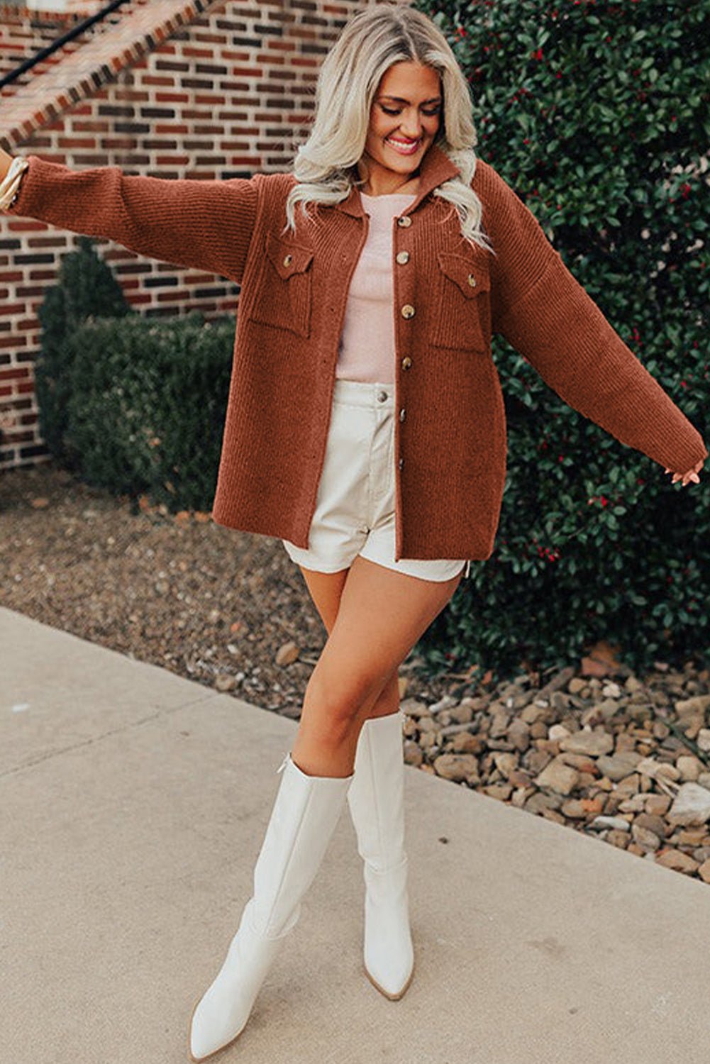 Medium Grey Ribbed Knit Buttons Front Flap Pocket Casual Shacket - MAD RUFFI