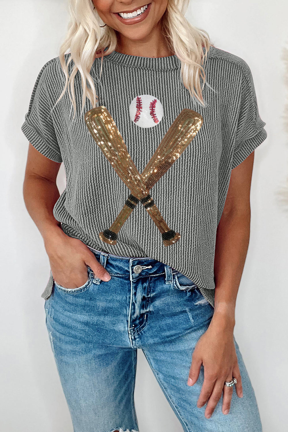 Medium Grey Ribbed Knit Sequin Baseball Graphic T Shirt - MAD RUFFI