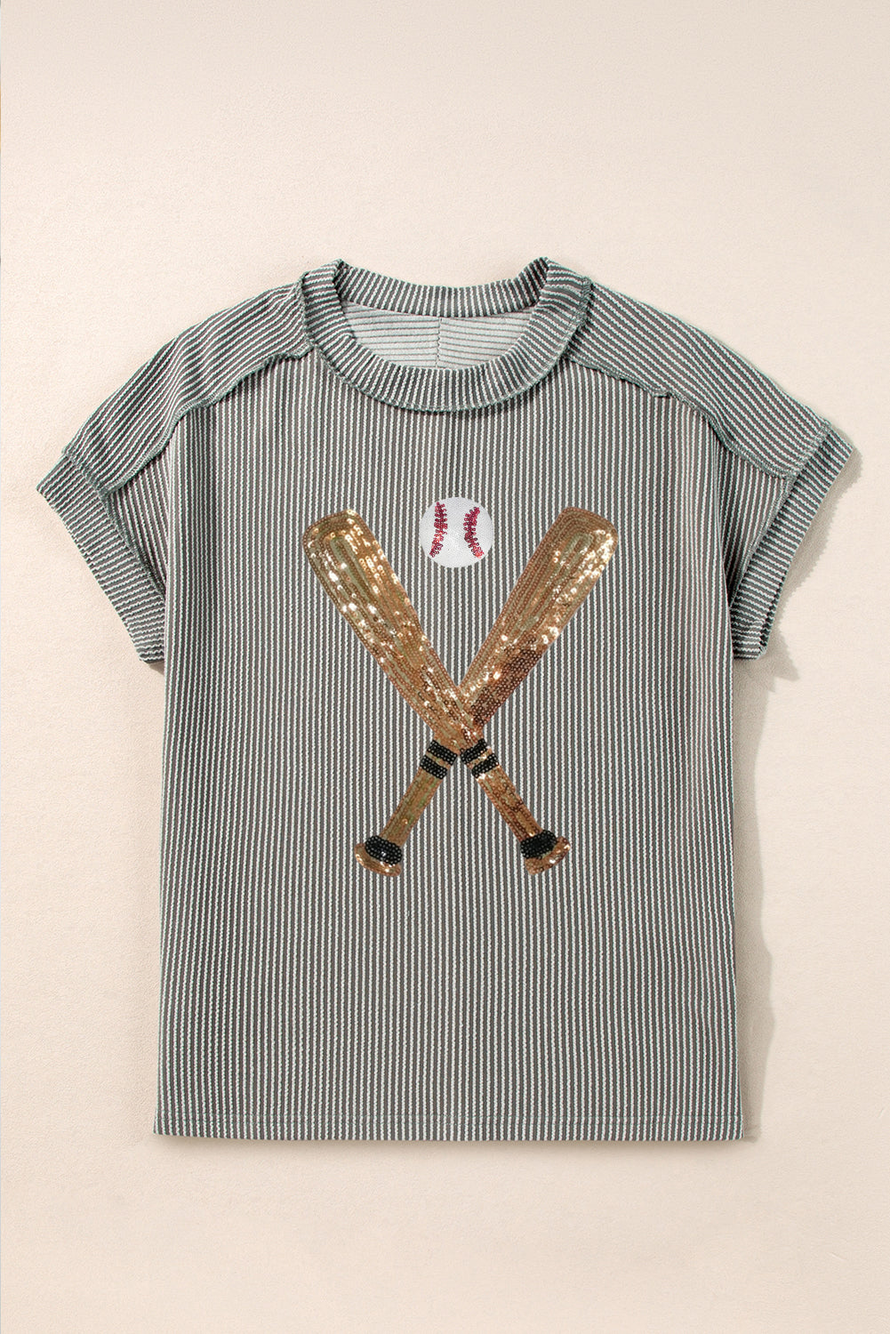 Medium Grey Ribbed Knit Sequin Baseball Graphic T Shirt - MAD RUFFI