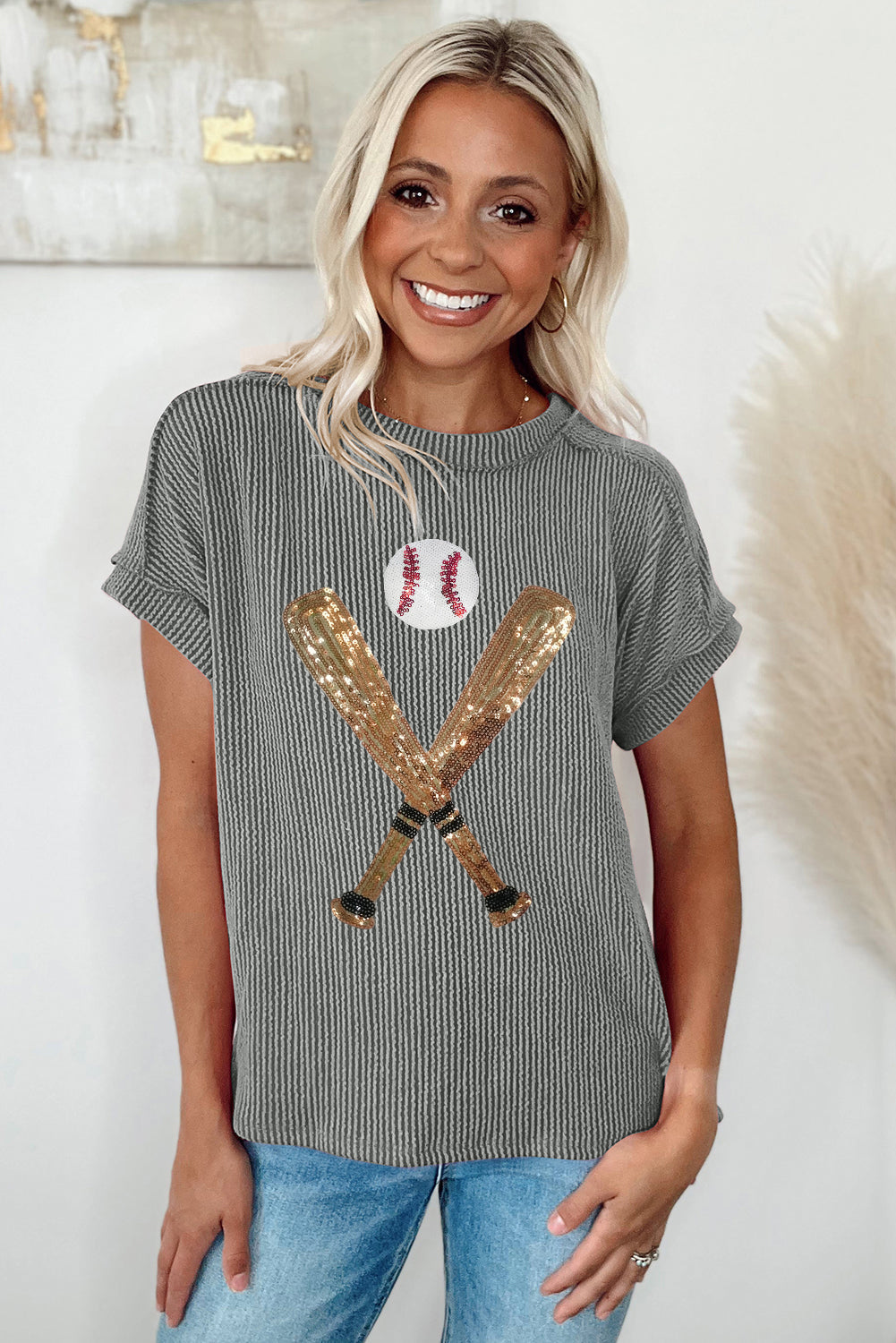 Medium Grey Ribbed Knit Sequin Baseball Graphic T Shirt - MAD RUFFI