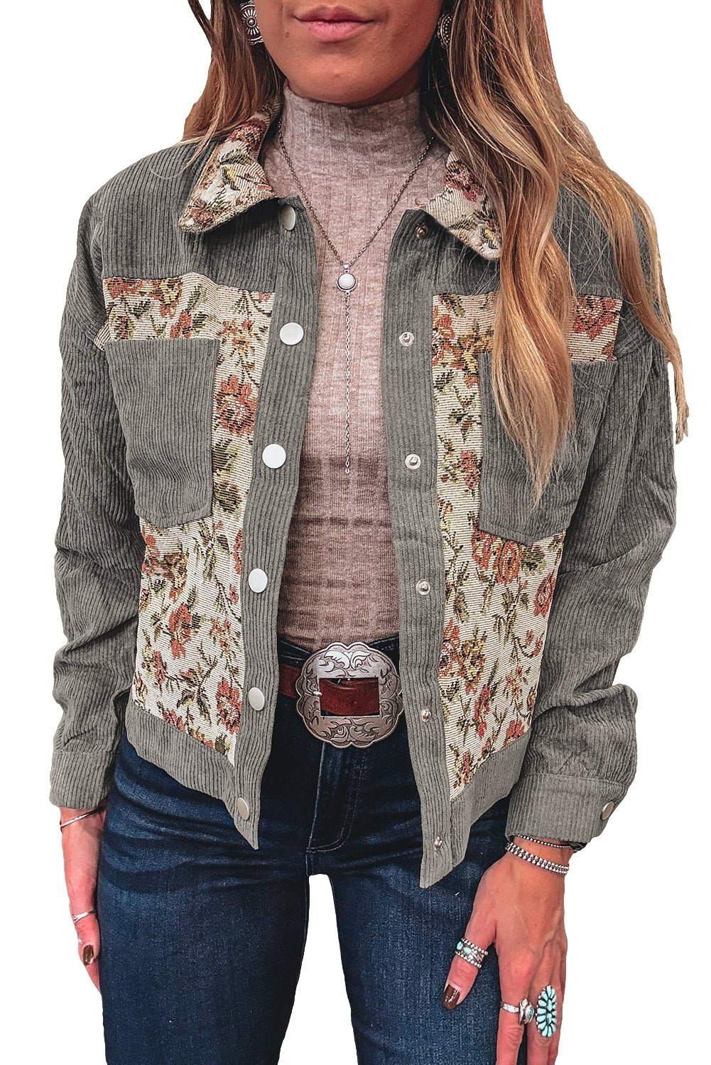 Medium Grey Ribbed Retro Floral Patchwork Jacket - MAD RUFFI