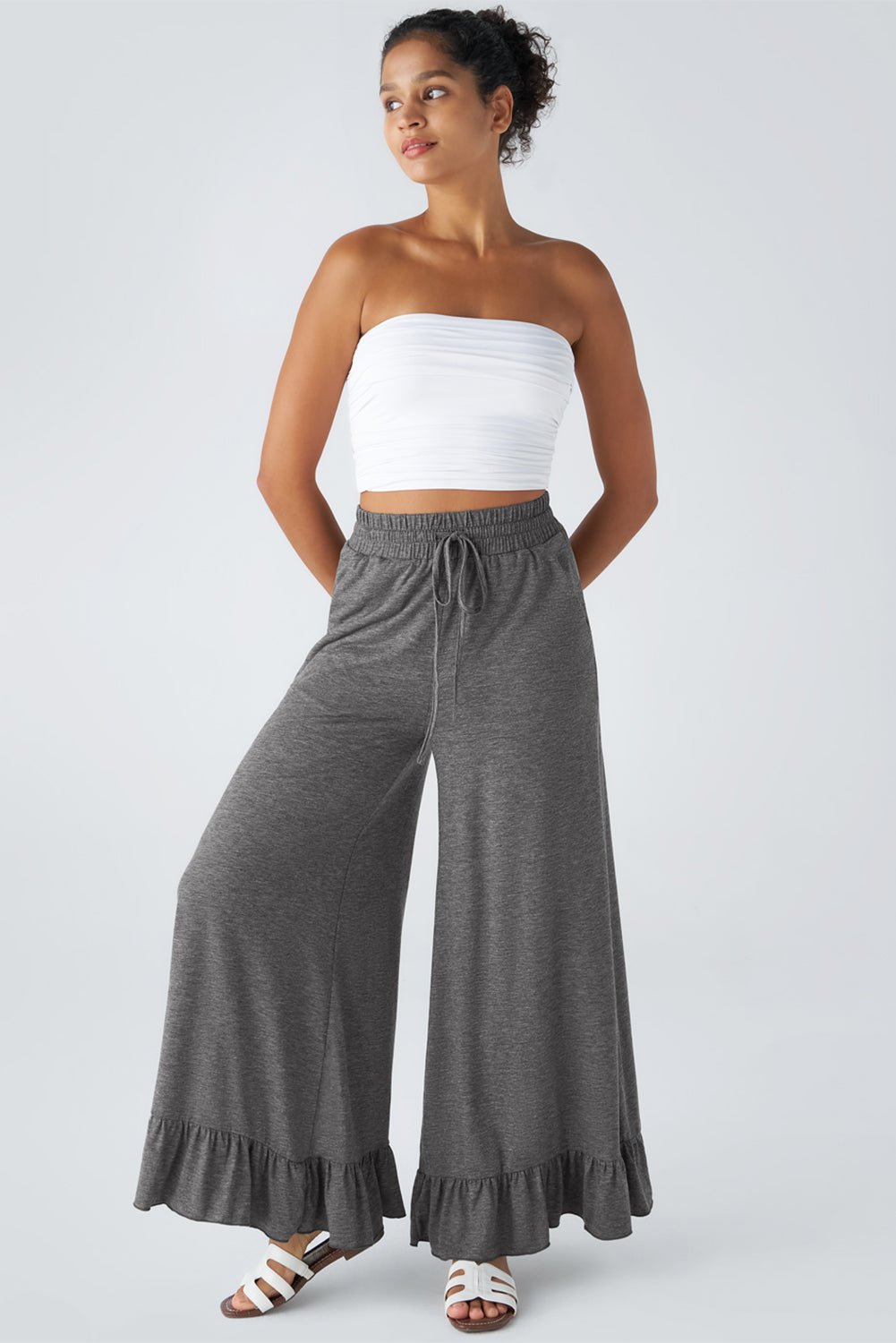 Medium Grey Solid Color Ruffle Hem Wide Leg Pants - MAD RUFFI