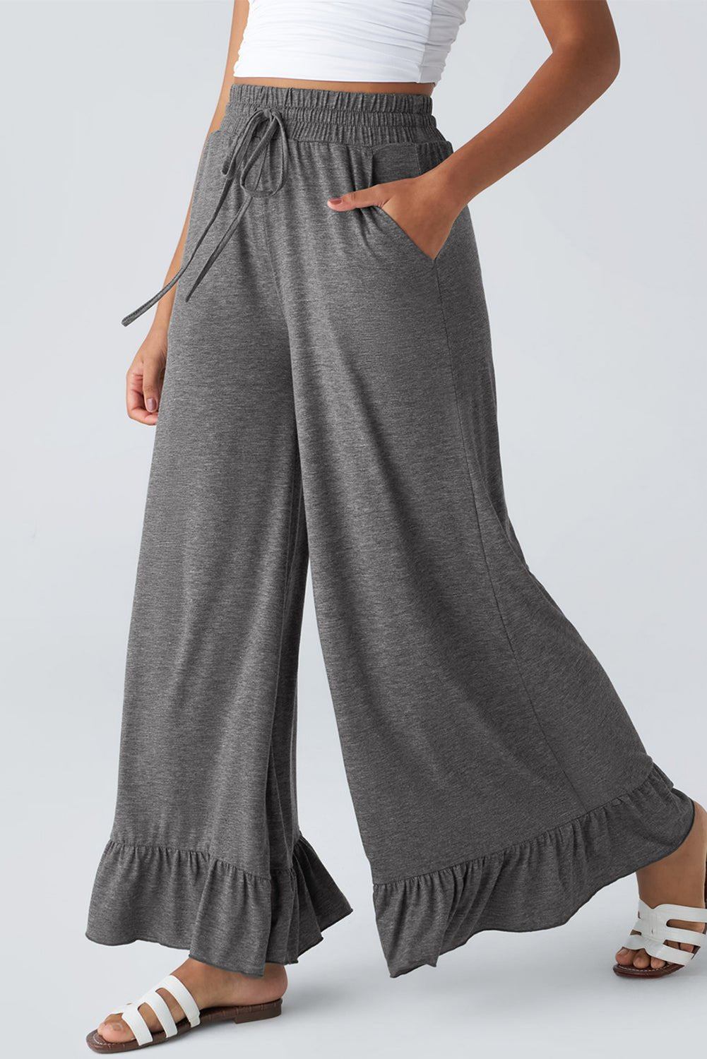 Medium Grey Solid Color Ruffle Hem Wide Leg Pants - MAD RUFFI
