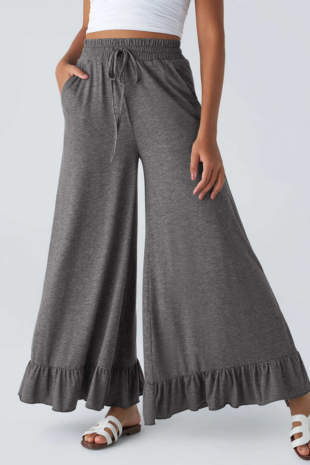 Medium Grey Solid Color Ruffle Hem Wide Leg Pants - MAD RUFFI