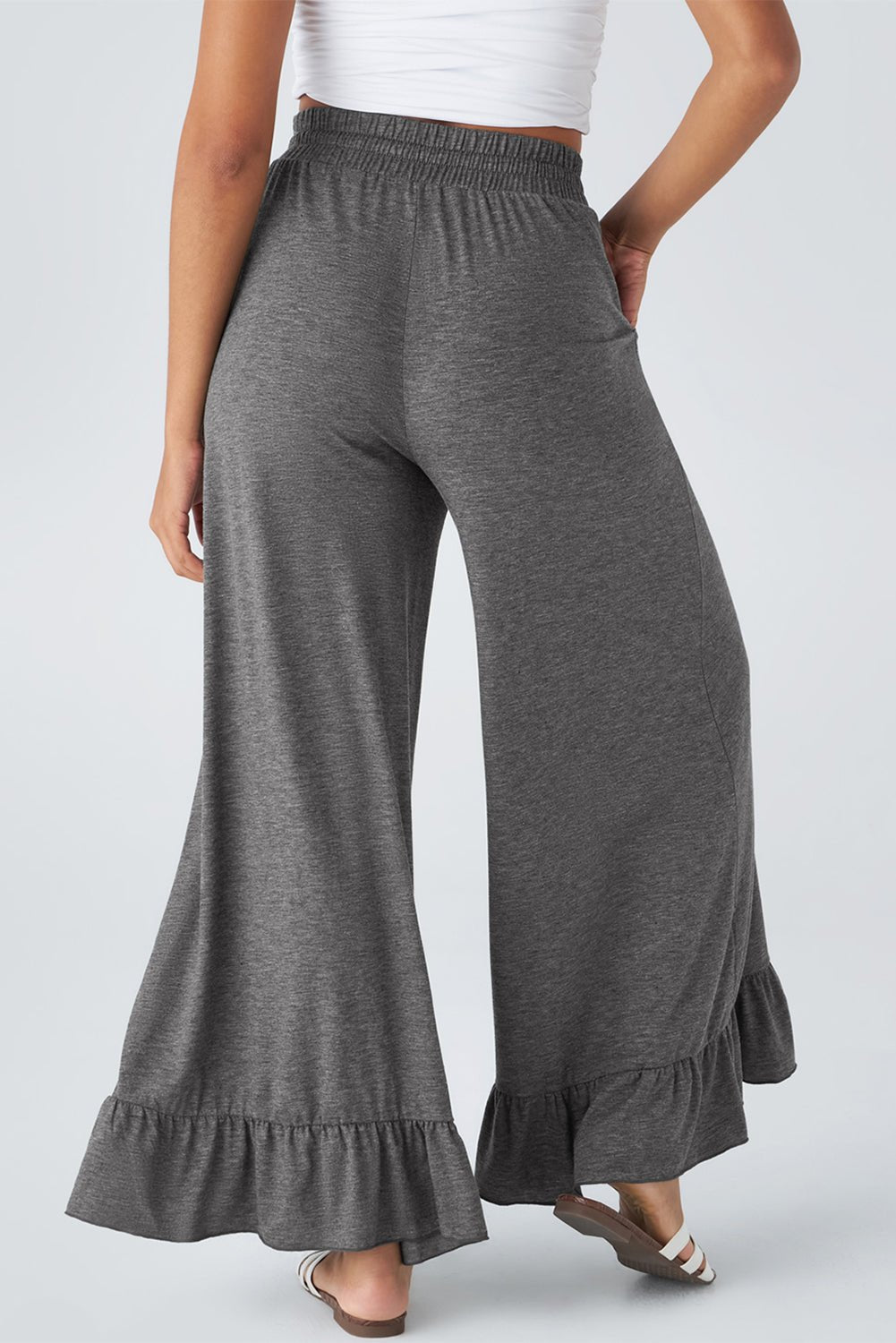 Medium Grey Solid Color Ruffle Hem Wide Leg Pants - MAD RUFFI