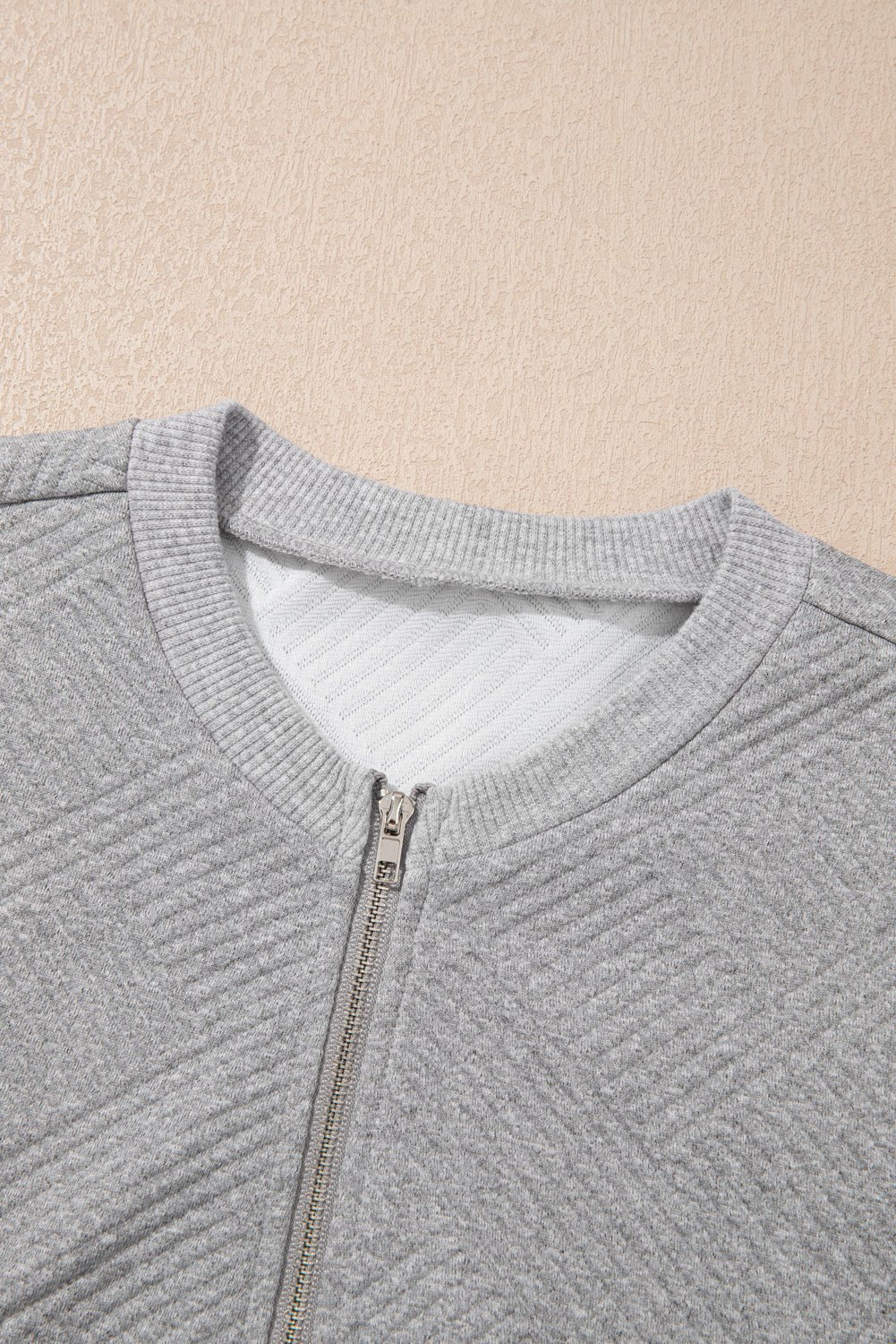 Medium Grey Solid Color Texture Zipper V Neck Sweatshirt - MAD RUFFI