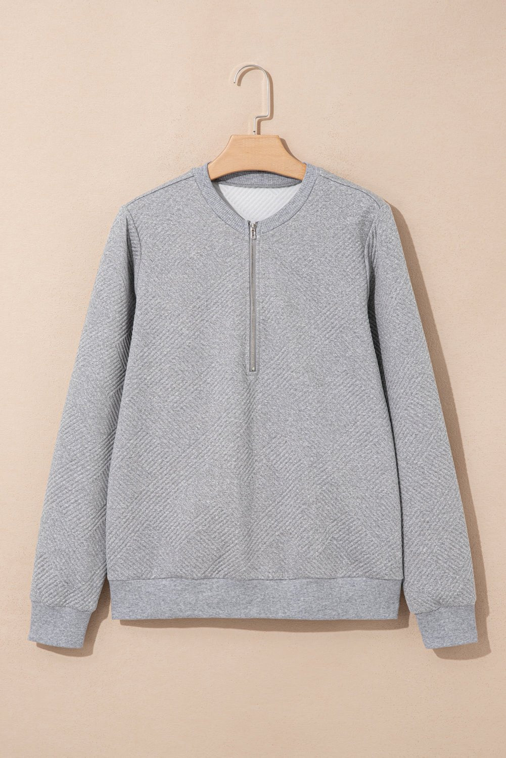 Medium Grey Solid Color Texture Zipper V Neck Sweatshirt - MAD RUFFI