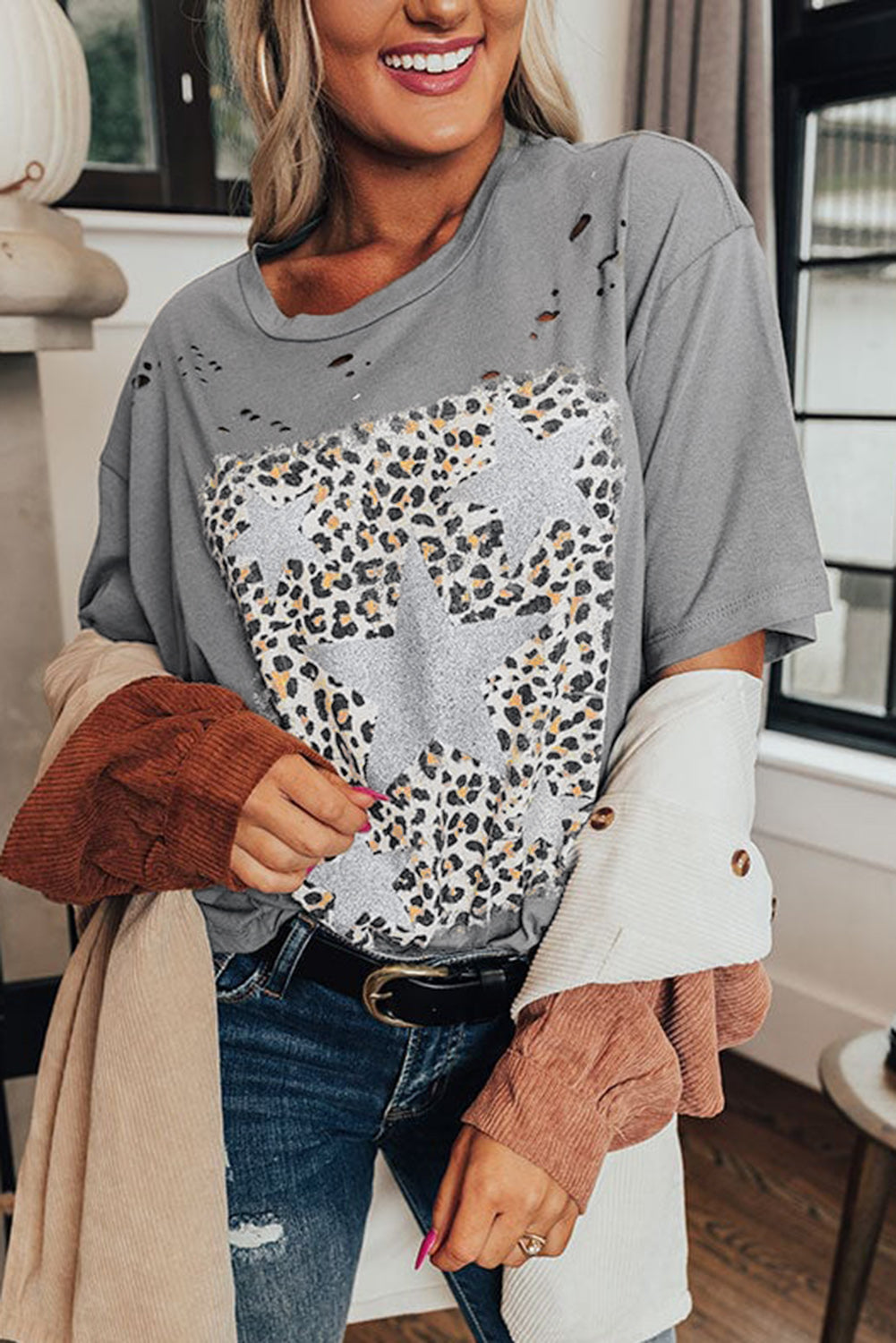 Medium Grey Stars Leopard Graphic Ripped Distressed Tee - MAD RUFFI