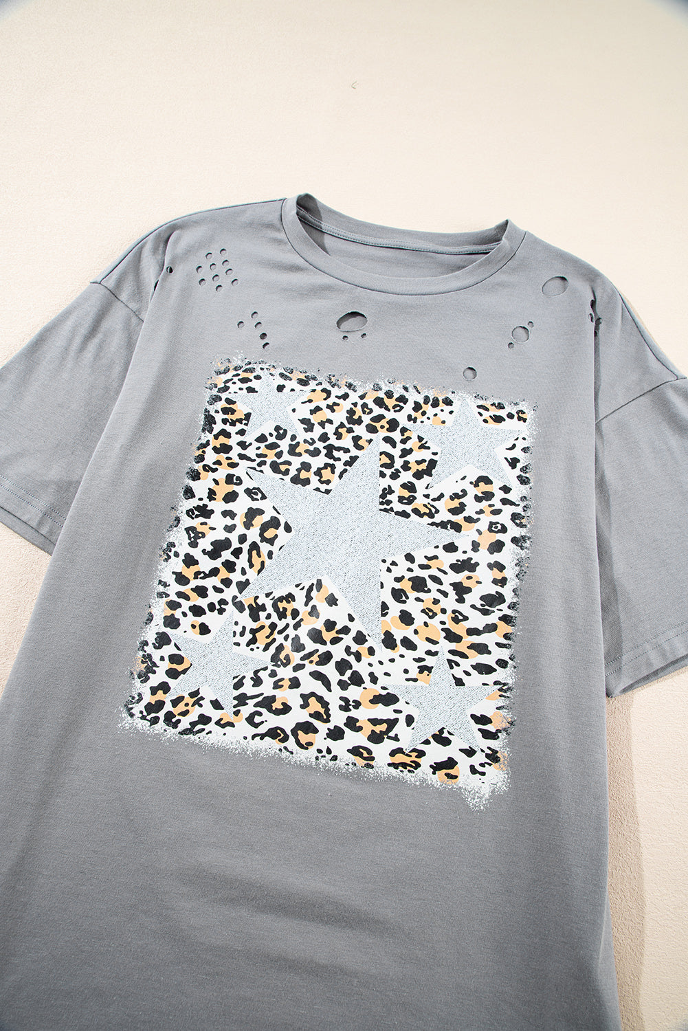 Medium Grey Stars Leopard Graphic Ripped Distressed Tee - MAD RUFFI