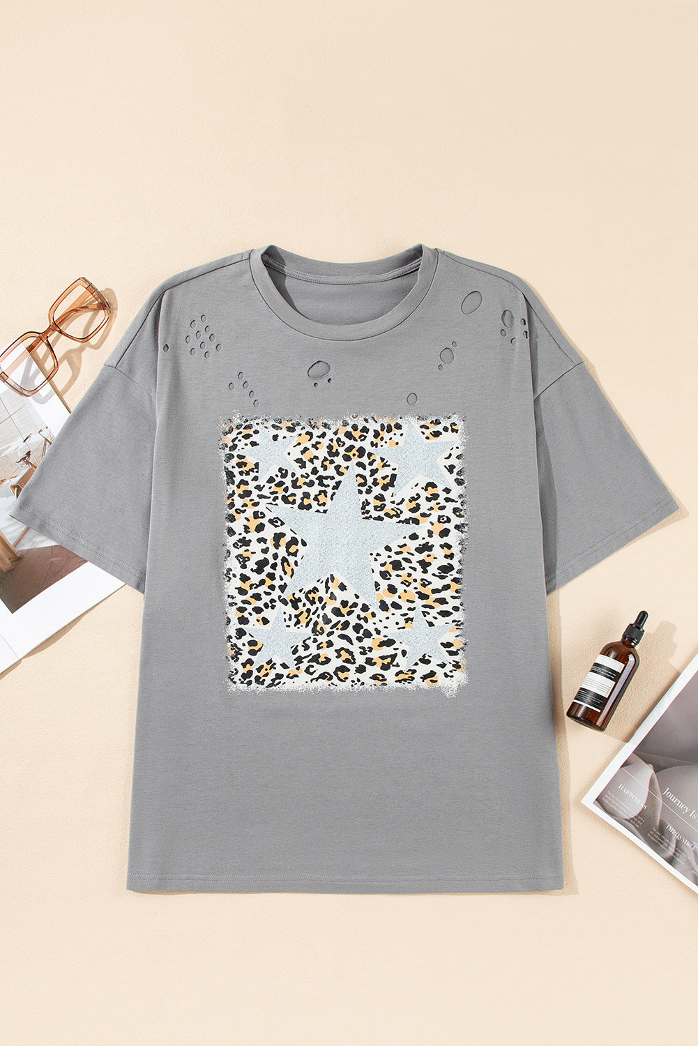 Medium Grey Stars Leopard Graphic Ripped Distressed Tee - MAD RUFFI