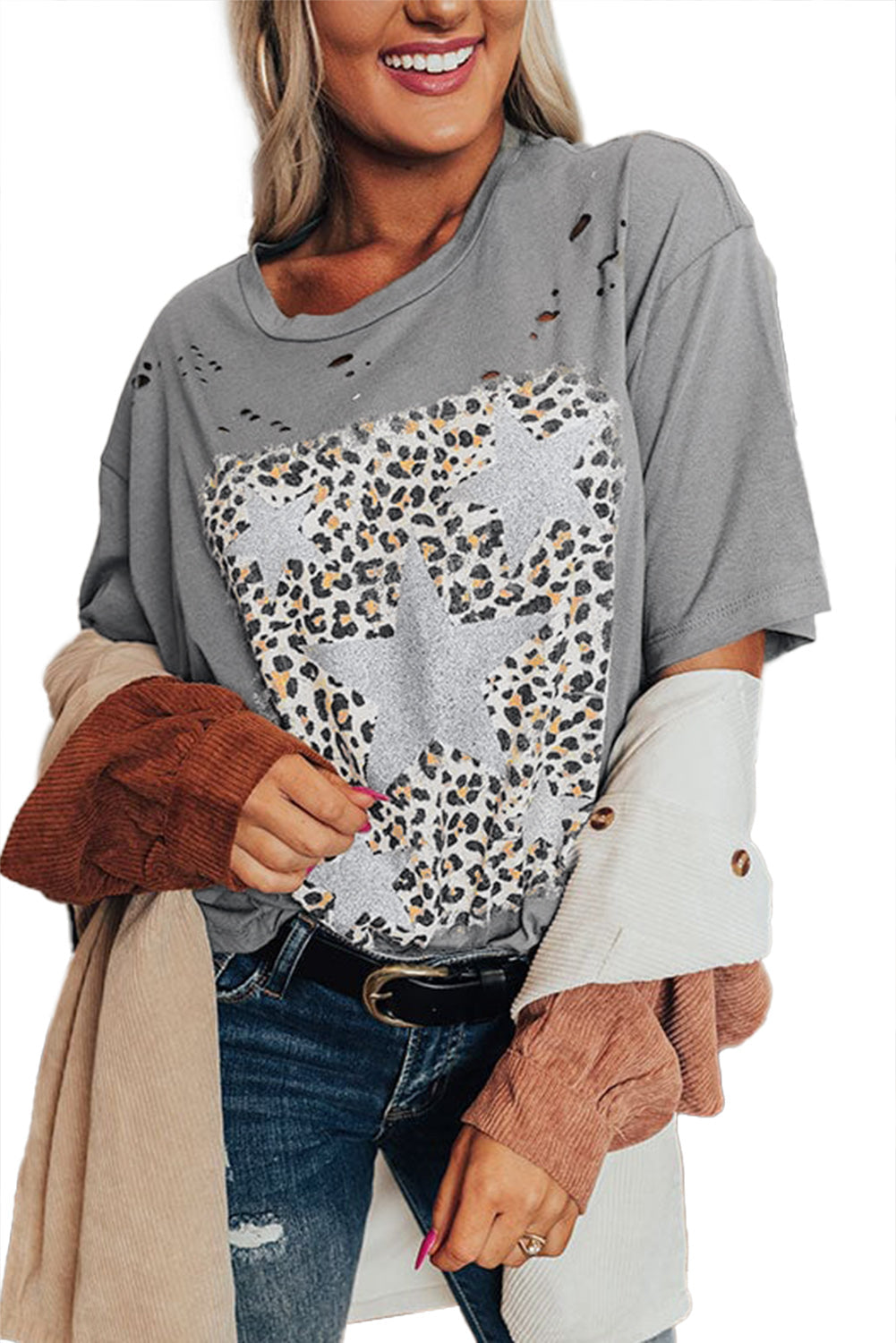 Medium Grey Stars Leopard Graphic Ripped Distressed Tee - MAD RUFFI