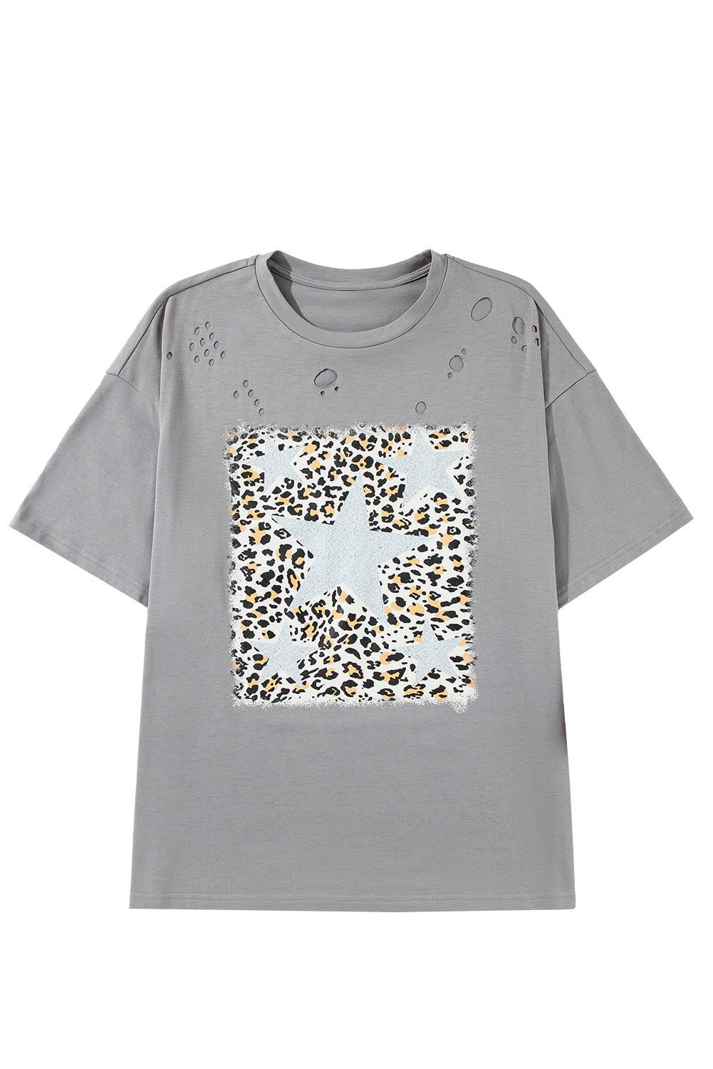 Medium Grey Stars Leopard Graphic Ripped Distressed Tee - MAD RUFFI