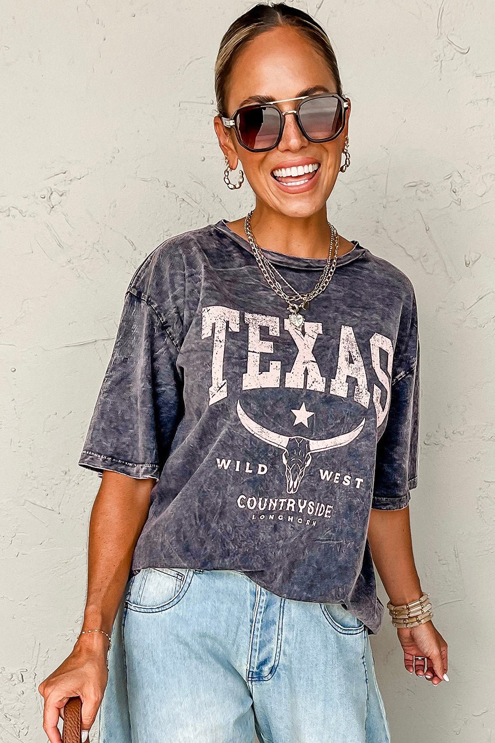 medium grey texas steer head graphic mineral wash oversized t shirt - MAD RUFFI