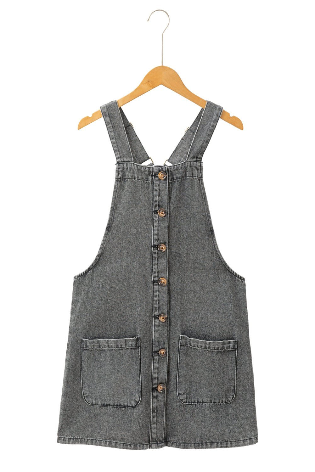 Medium Grey Wide Strap Button Front Pocketed Denim Short Dress - MAD RUFFI