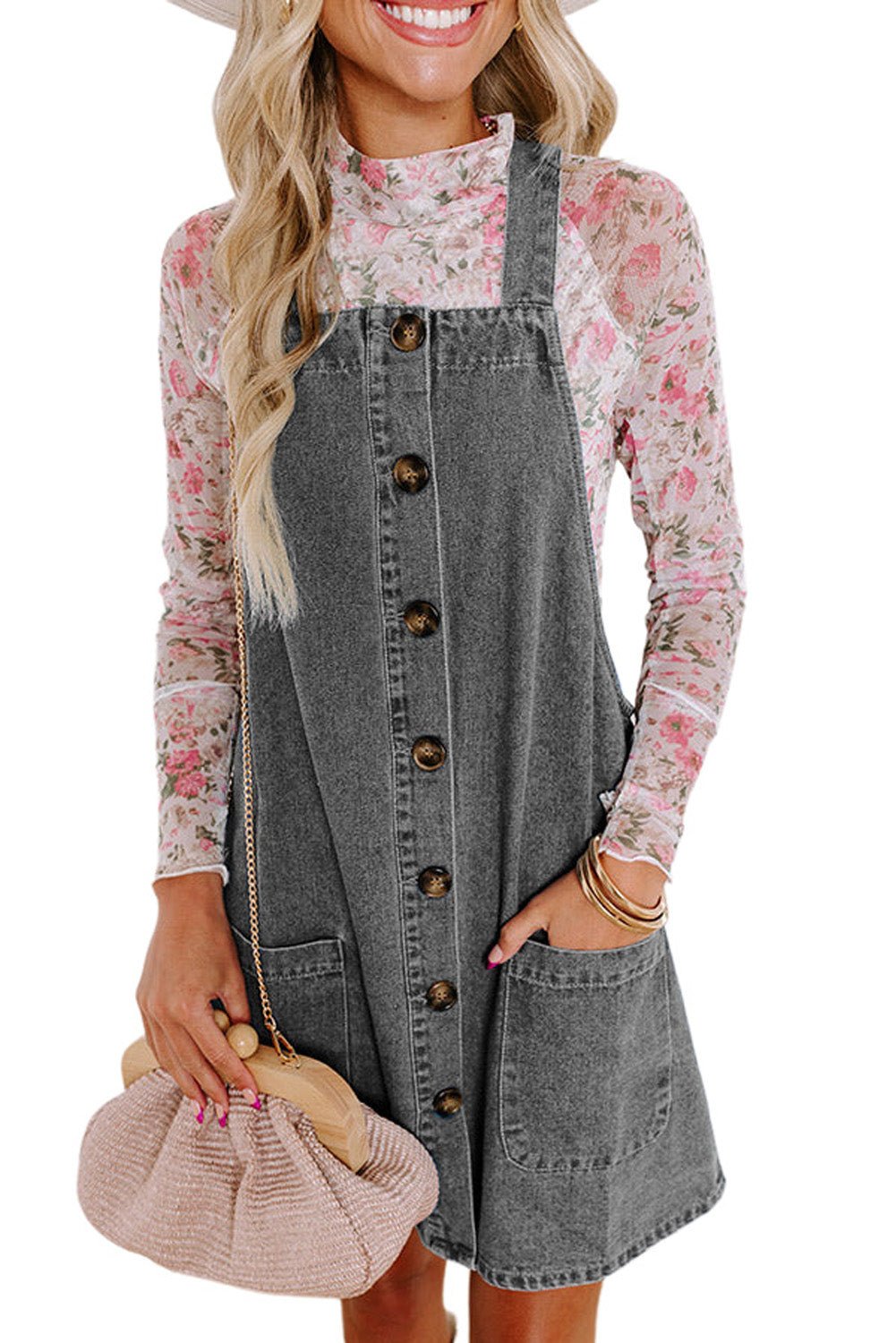 Medium Grey Wide Strap Button Front Pocketed Denim Short Dress - MAD RUFFI