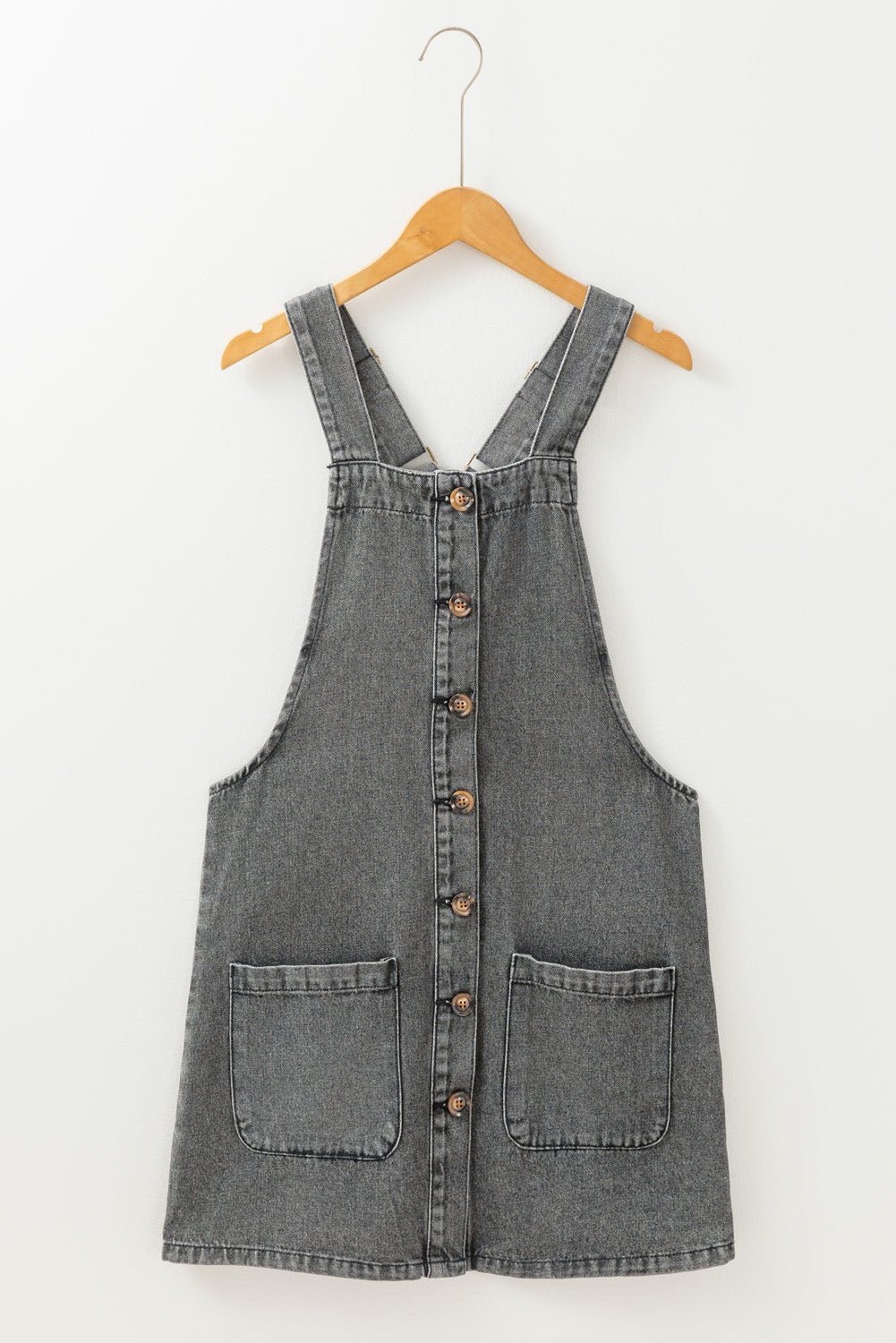 Medium Grey Wide Strap Button Front Pocketed Denim Short Dress - MAD RUFFI