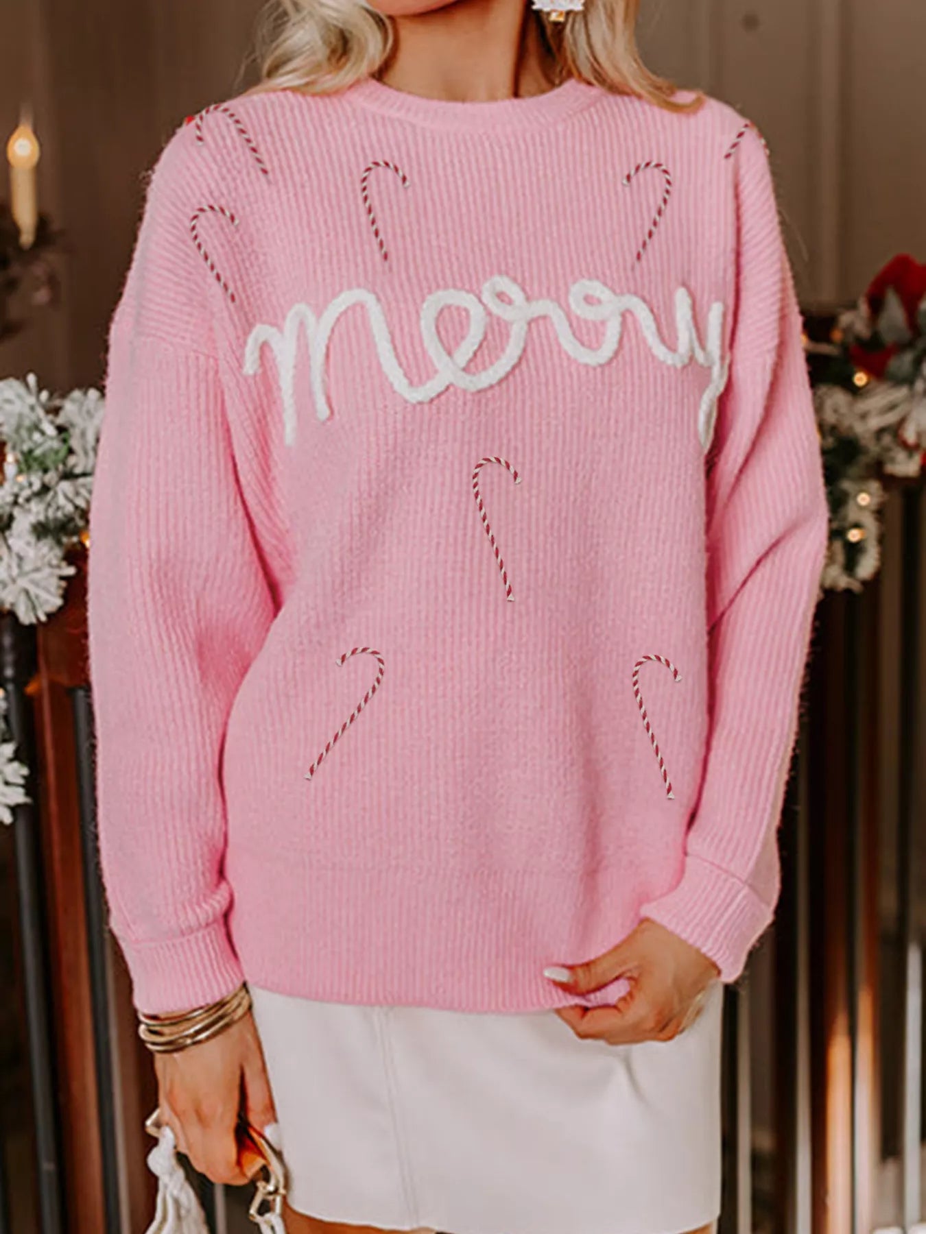 Merry Candy Cane Christmas Crew Neck Sweater - MAD RUFFI