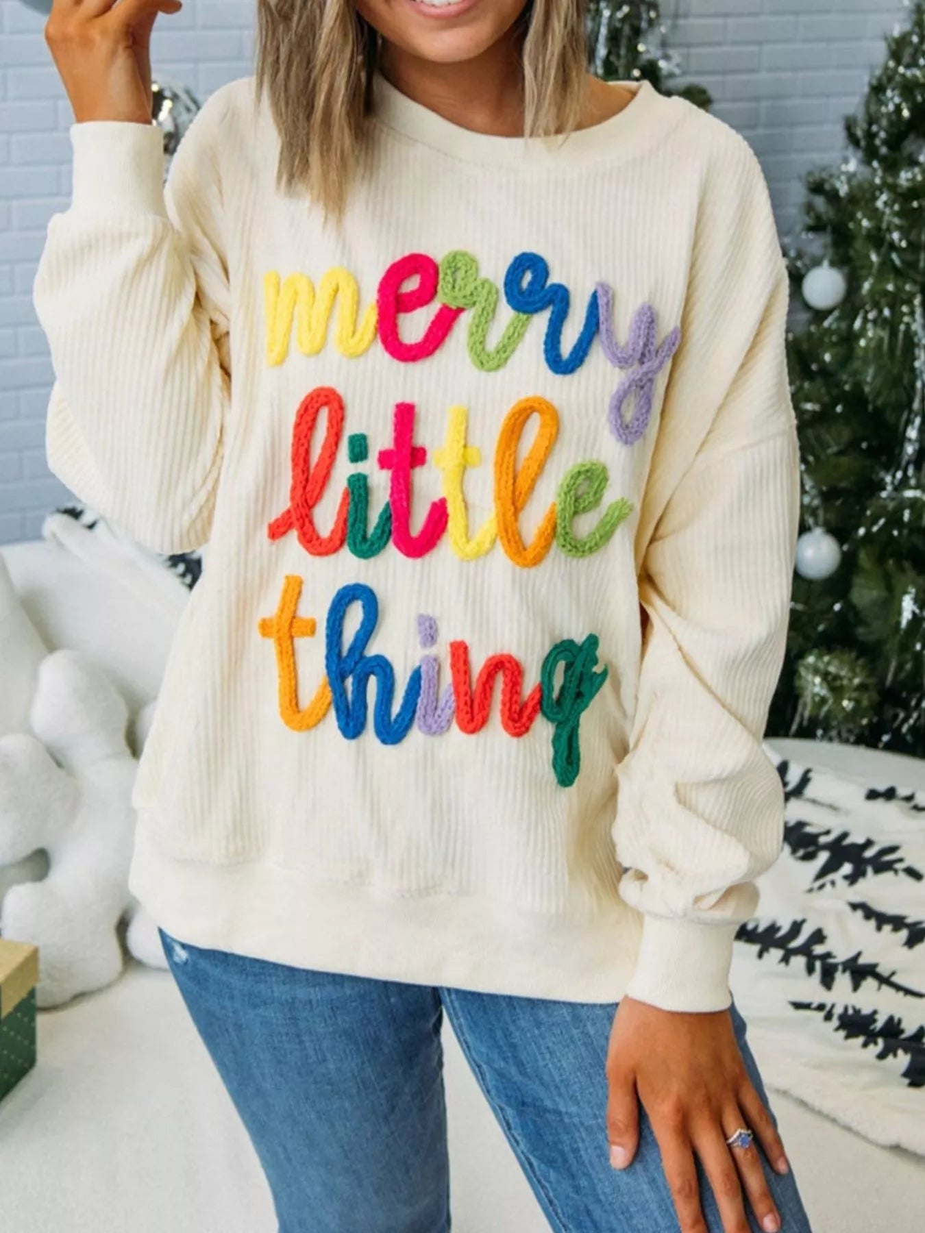 Merry Little Thing Corded Letter Graphic Ribbed Sweatshirt - MAD RUFFI