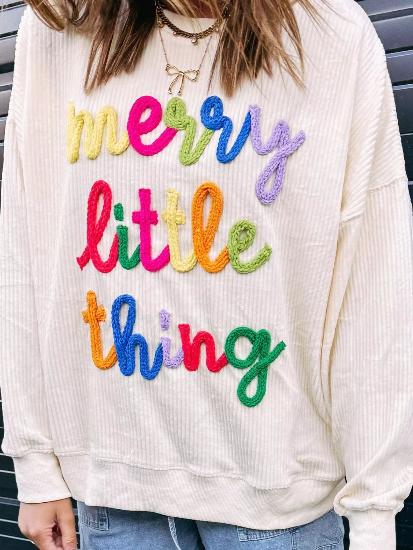 Merry Little Thing Corded Letter Graphic Ribbed Sweatshirt - MAD RUFFI