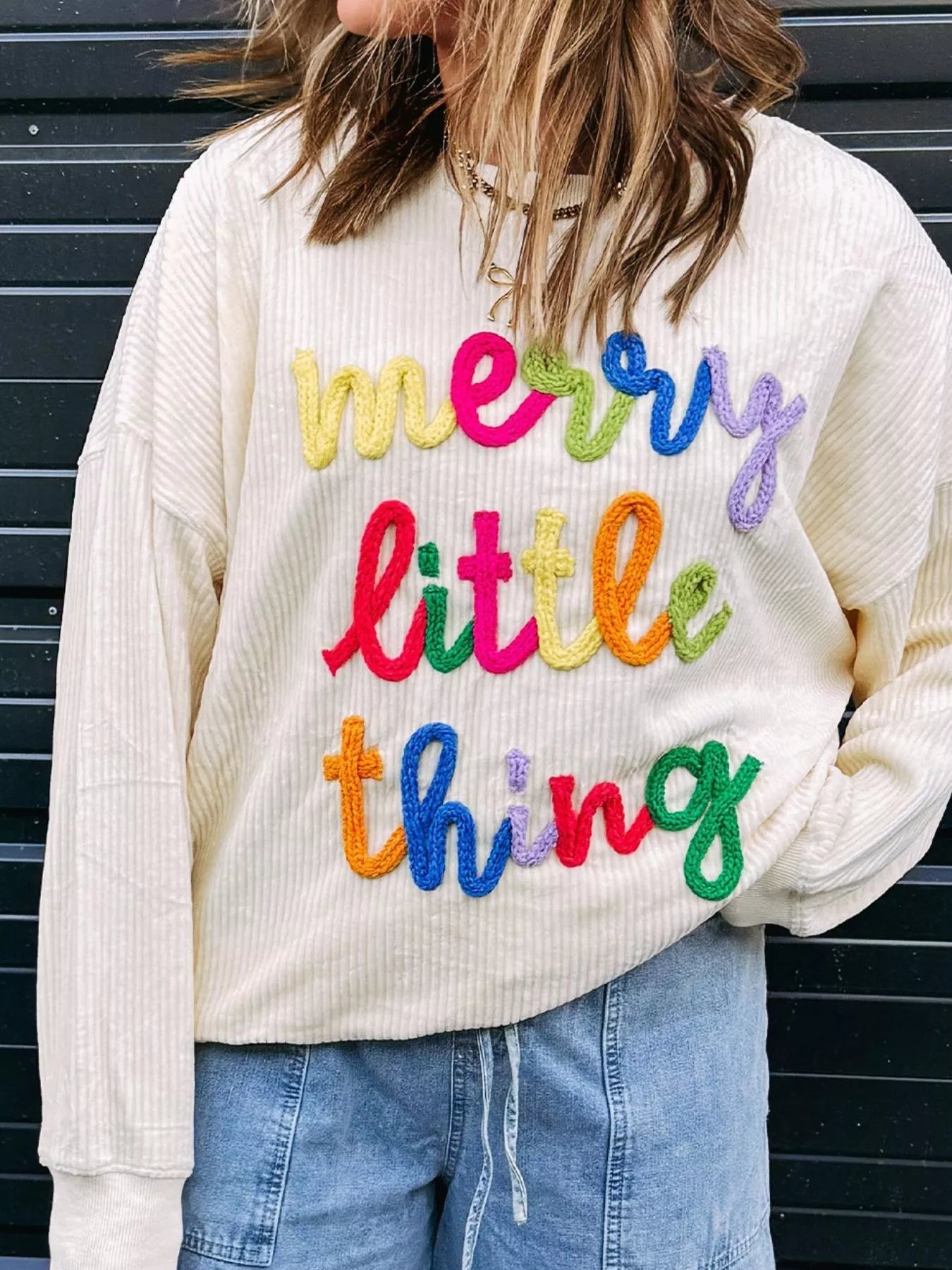 Merry Little Thing Corded Letter Graphic Ribbed Sweatshirt - MAD RUFFI