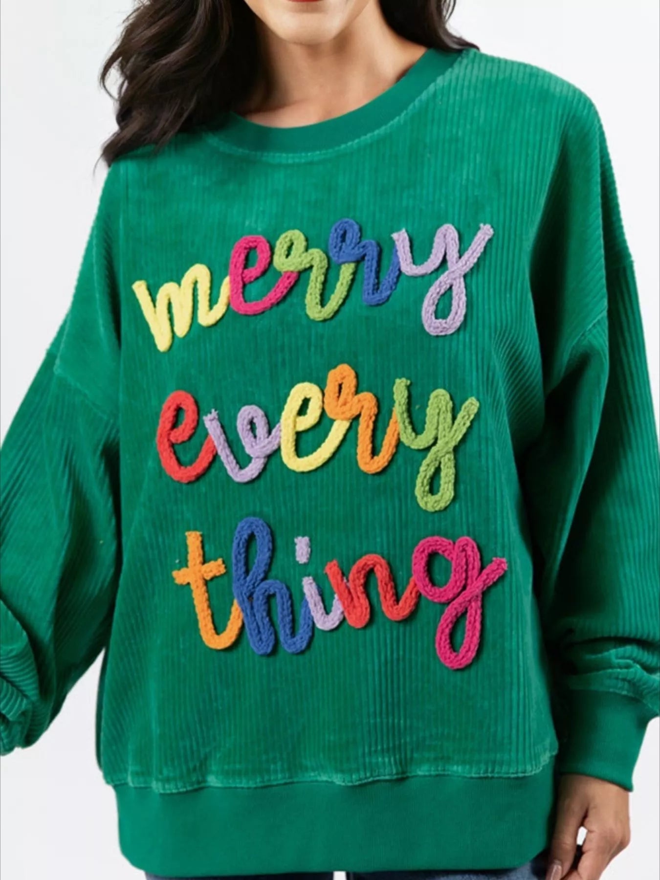 Merry Little Thing Corded Letter Graphic Ribbed Sweatshirt - MAD RUFFI