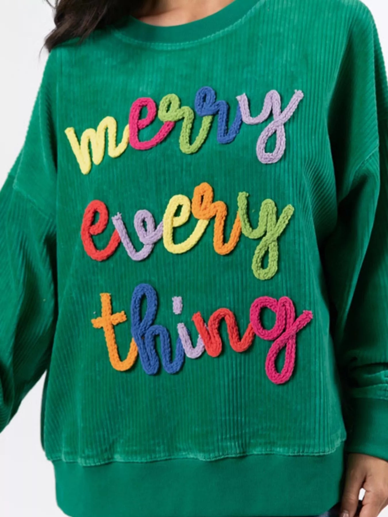 Merry Little Thing Corded Letter Graphic Ribbed Sweatshirt - MAD RUFFI