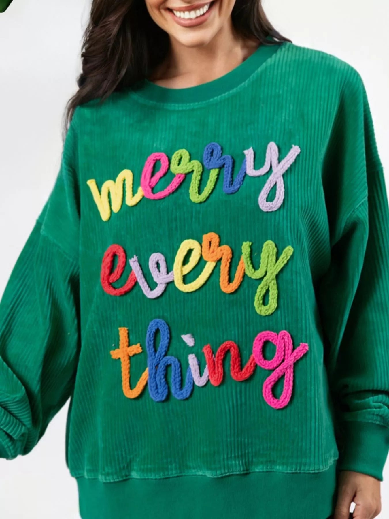 Merry Little Thing Corded Letter Graphic Ribbed Sweatshirt - MAD RUFFI