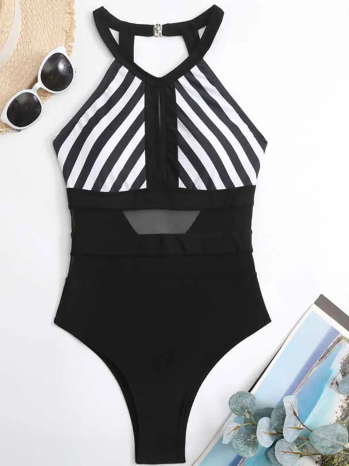 Mesh Detail Backless Striped One - Piece Swimsuit - MAD RUFFI