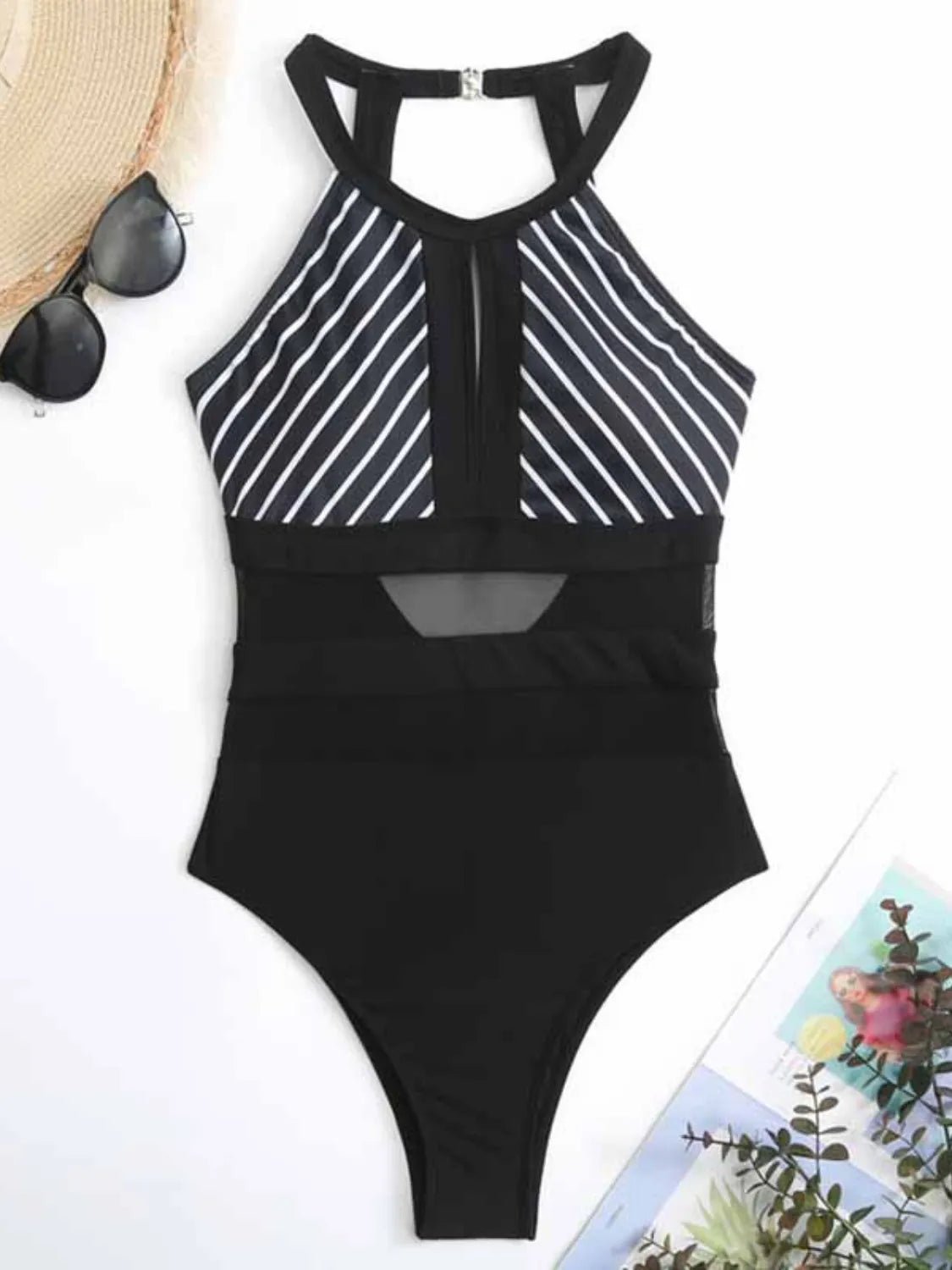 Mesh Detail Backless Striped One - Piece Swimsuit - MAD RUFFI