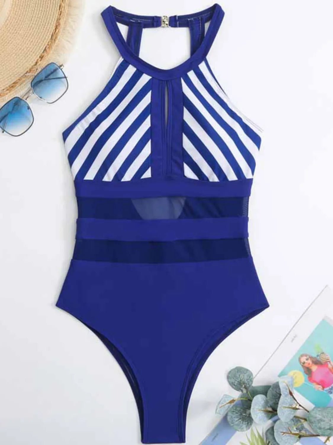 Mesh Detail Backless Striped One - Piece Swimsuit - MAD RUFFI