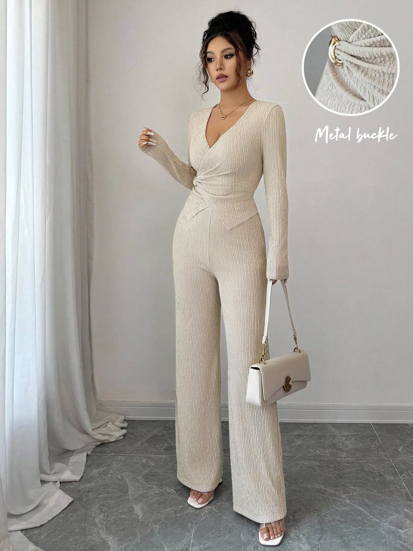 Metal Buckle Long Sleeve Top and Pants Set - MAD RUFFI