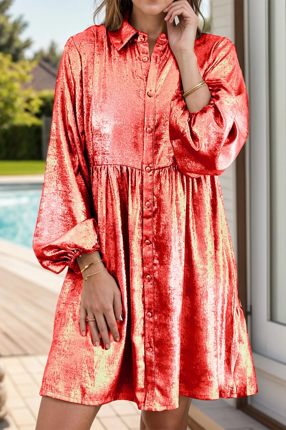 Metallic Sheen Long Sleeve Mini Dress - MAD RUFFI