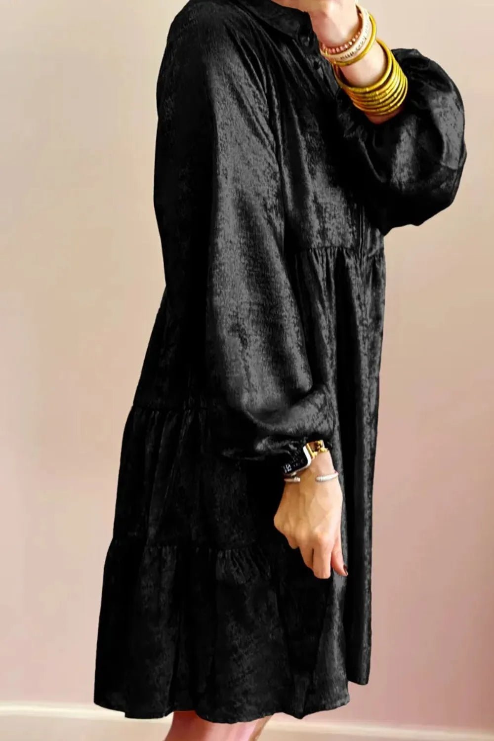 Metallic Sheen Long Sleeve Mini Dress - MAD RUFFI