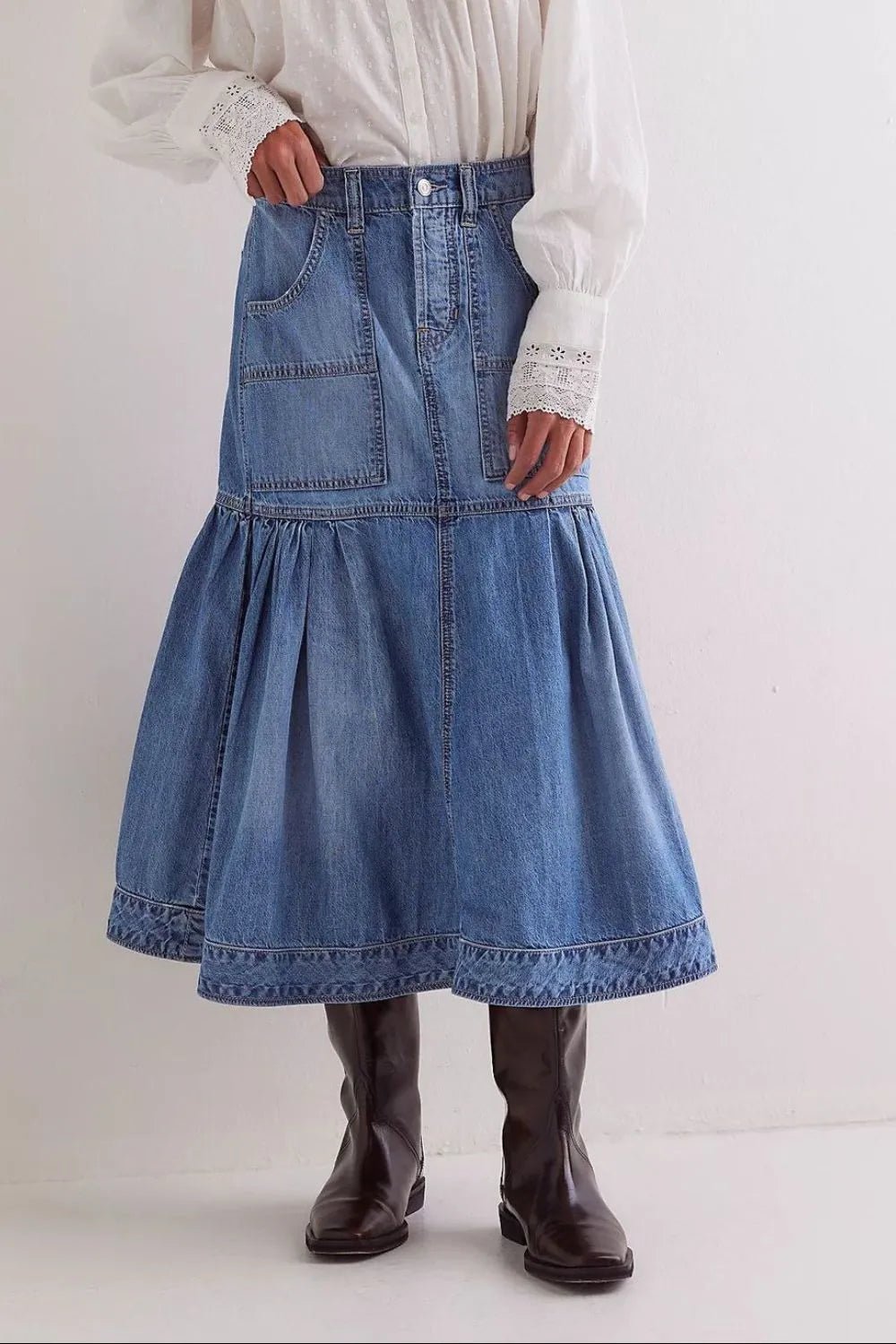 Midi Denim Skirt with Pockets - MAD RUFFI