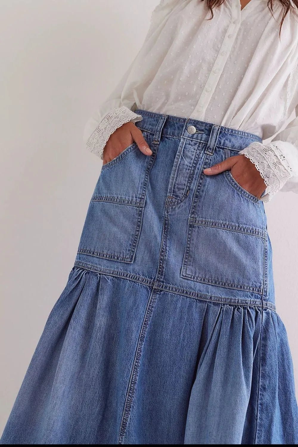 Midi Denim Skirt with Pockets - MAD RUFFI