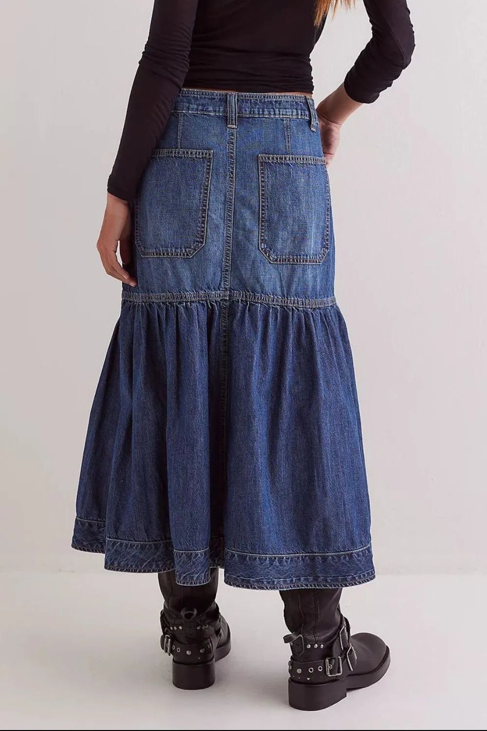 Midi Denim Skirt with Pockets - MAD RUFFI