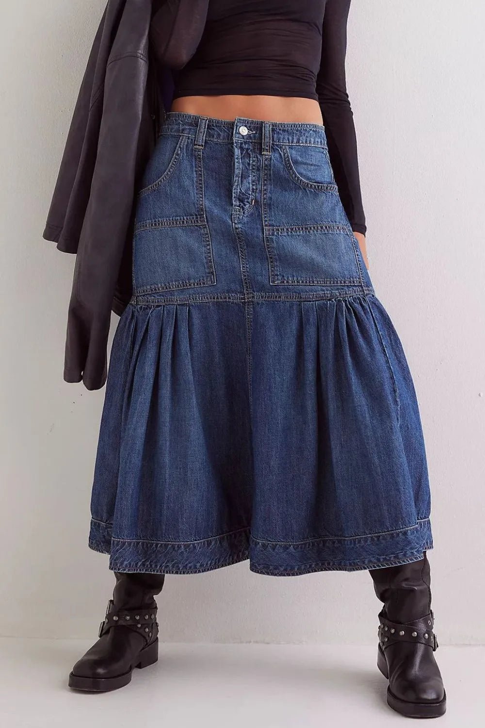 Midi Denim Skirt with Pockets - MAD RUFFI