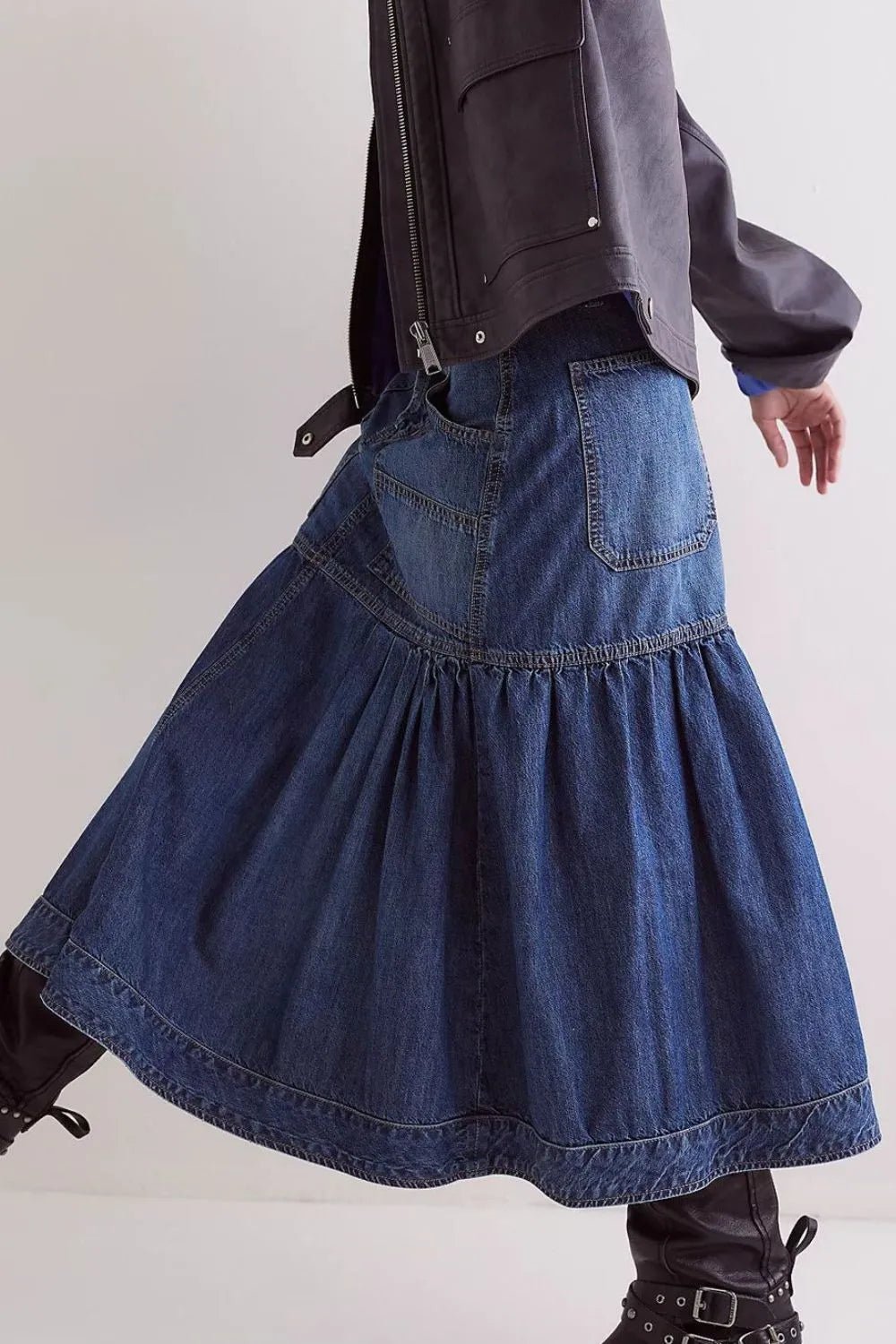 Midi Denim Skirt with Pockets - MAD RUFFI