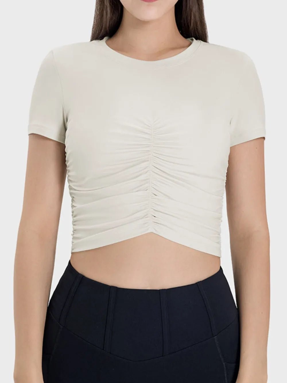 Millennia Ruched Round Neck Short Sleeve Active T-Shirt - MAD RUFFI