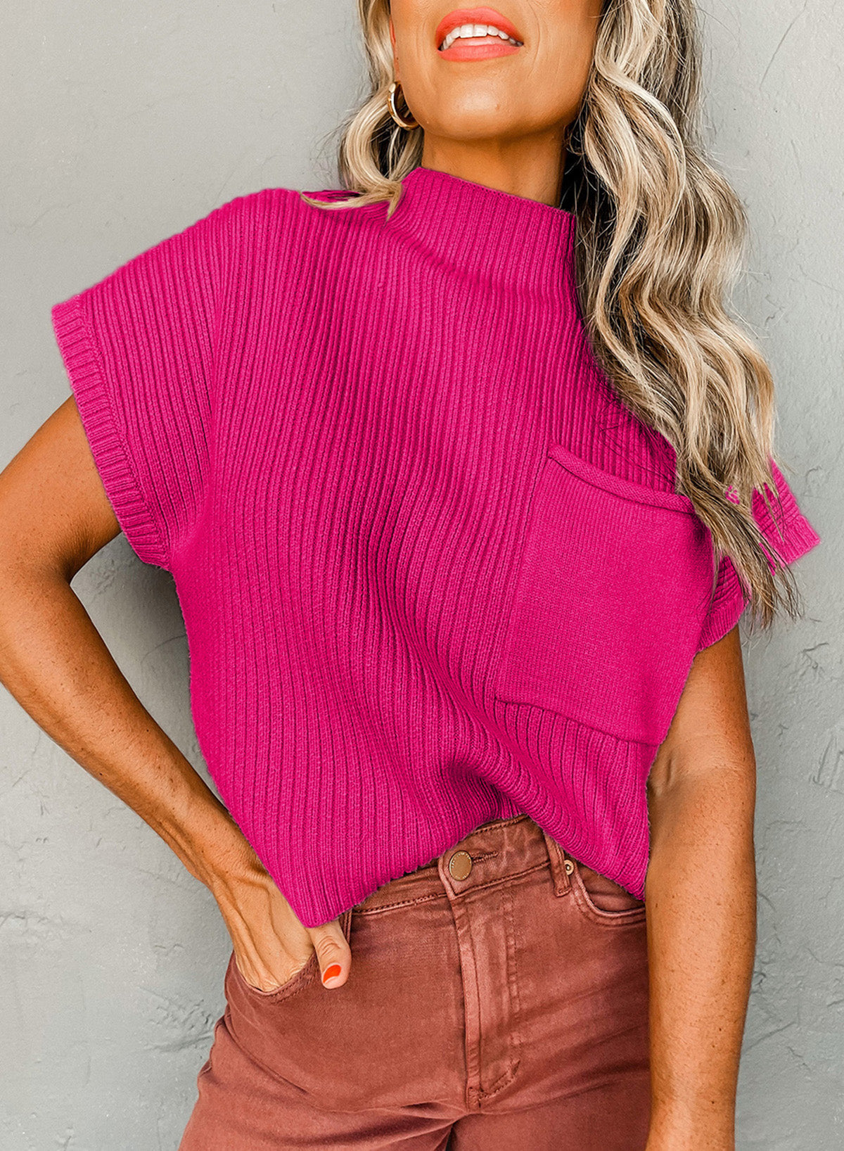 Mineral Red Patch Pocket Ribbed Knit Short Sleeve Sweater - Rose Red / S - Knit Tops