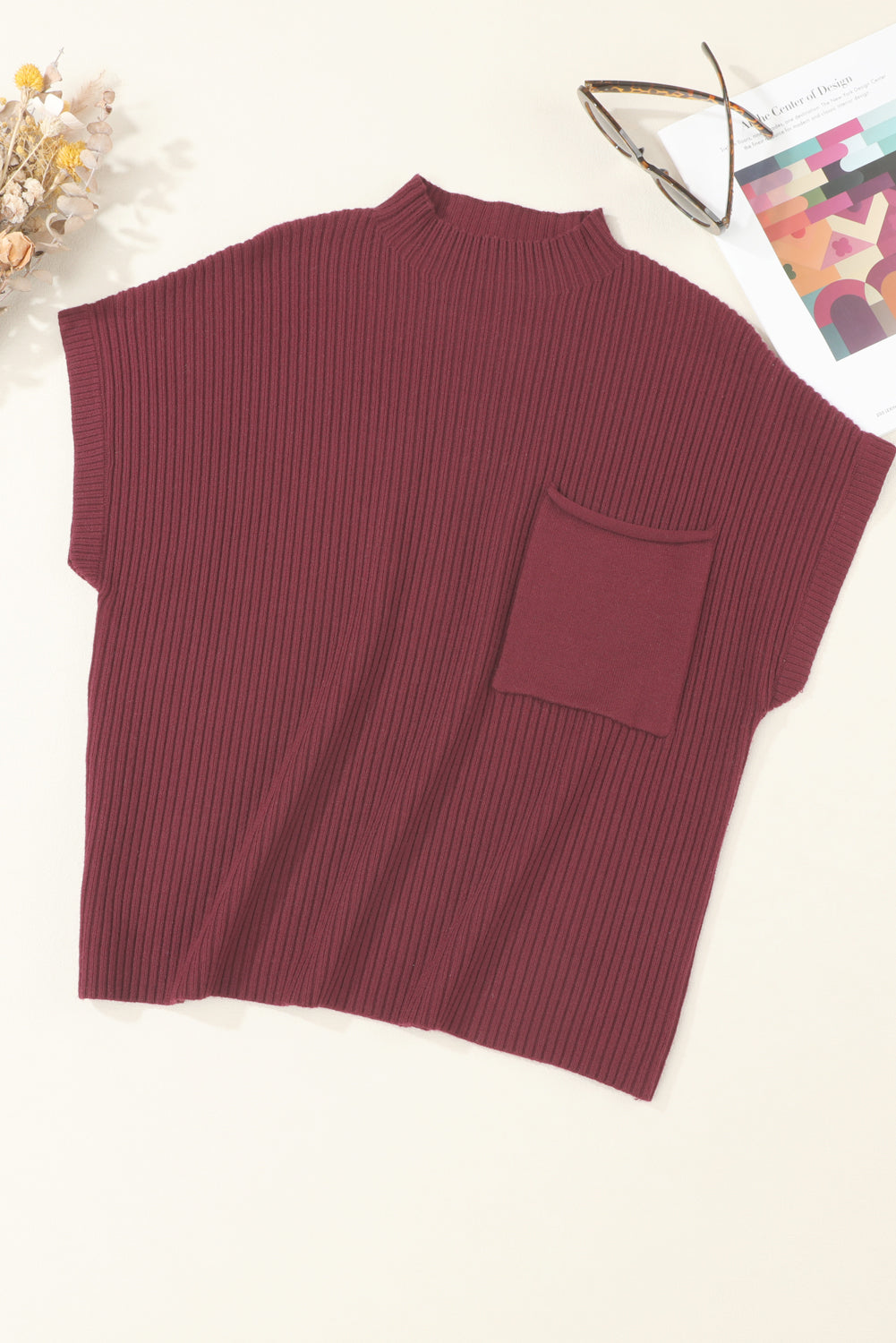 Mineral Red Patch Pocket Ribbed Knit Short Sleeve Sweater - Knit Tops