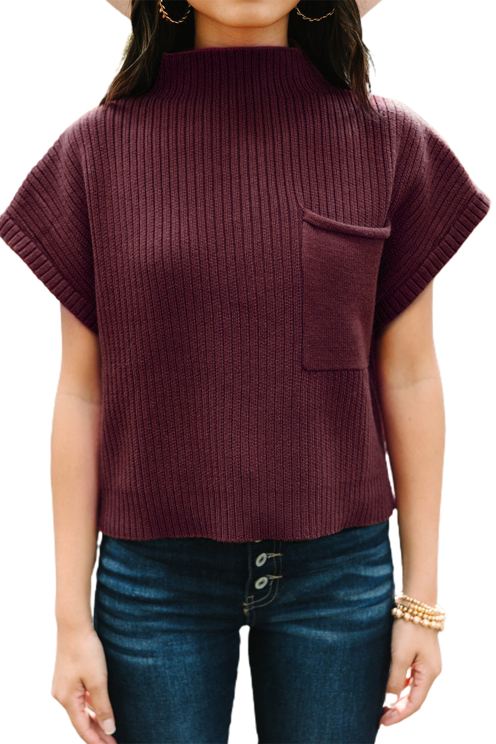 Mineral Red Patch Pocket Ribbed Knit Short Sleeve Sweater - Knit Tops