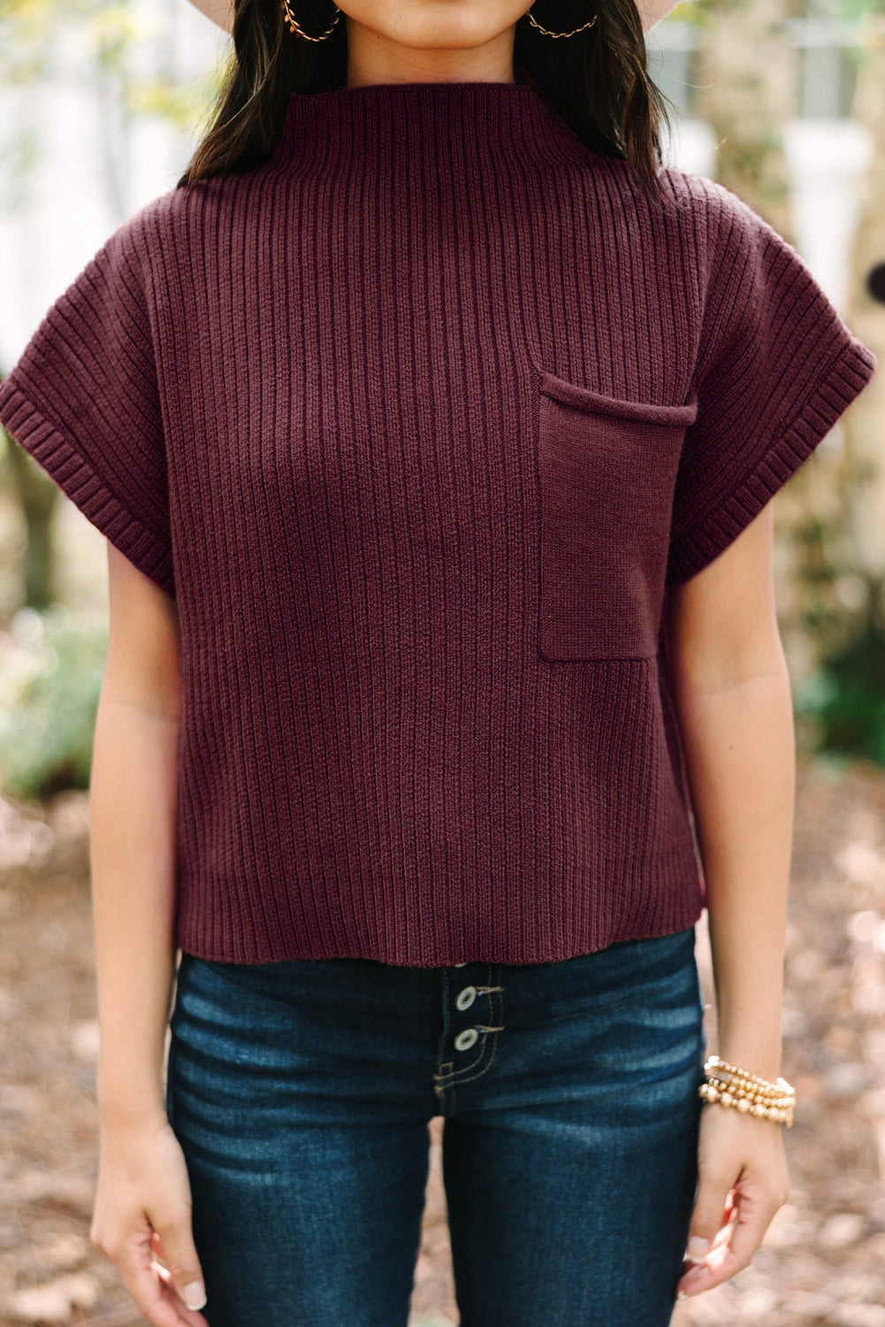 Mineral Red Patch Pocket Ribbed Knit Short Sleeve Sweater - Knit Tops