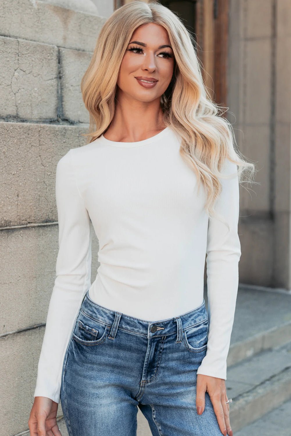 Mineral Red Ribbed Long Sleeve Crew Neck Solid Color Bodysuit - MAD RUFFI