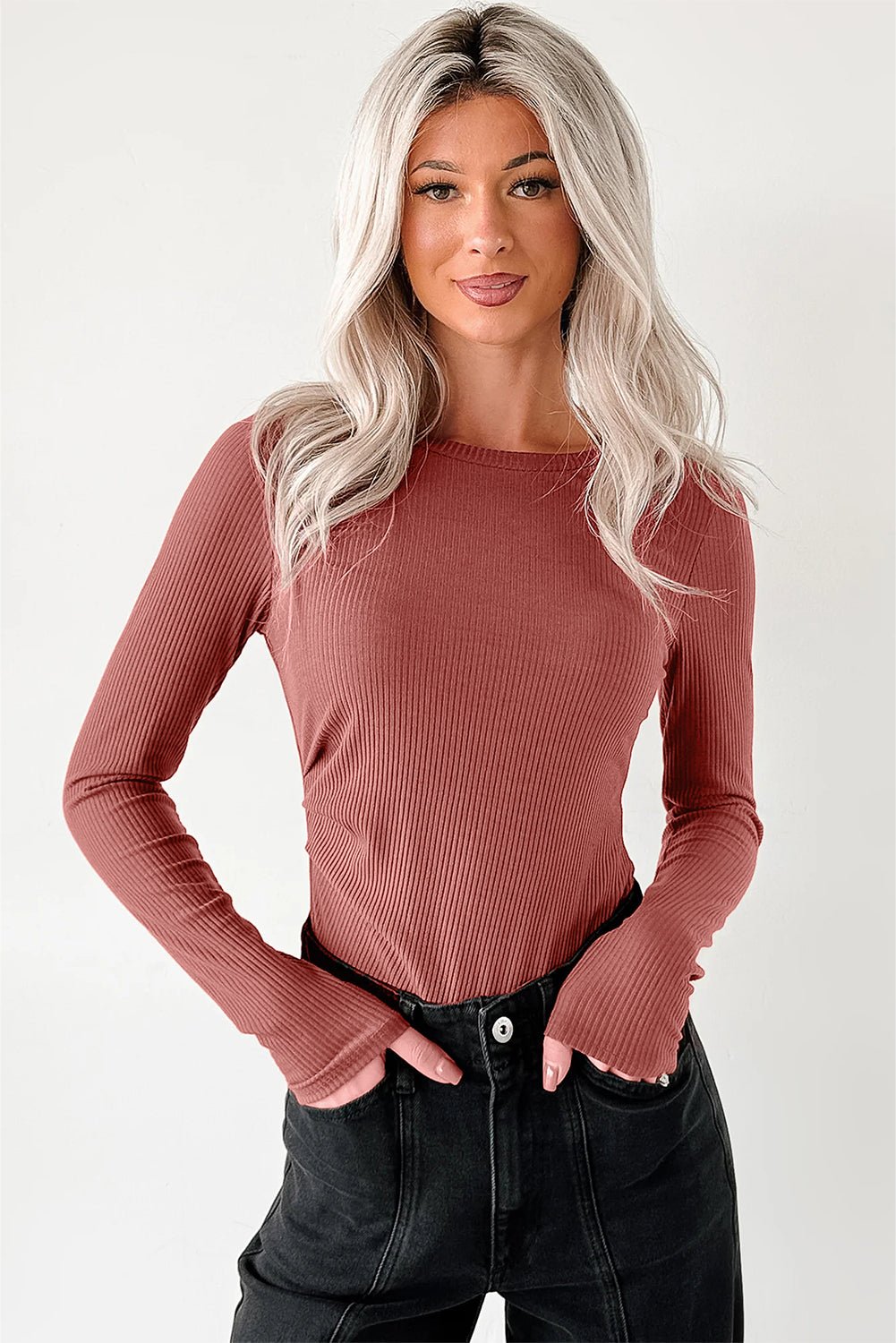 Mineral Red Ribbed Long Sleeve Crew Neck Solid Color Bodysuit - MAD RUFFI
